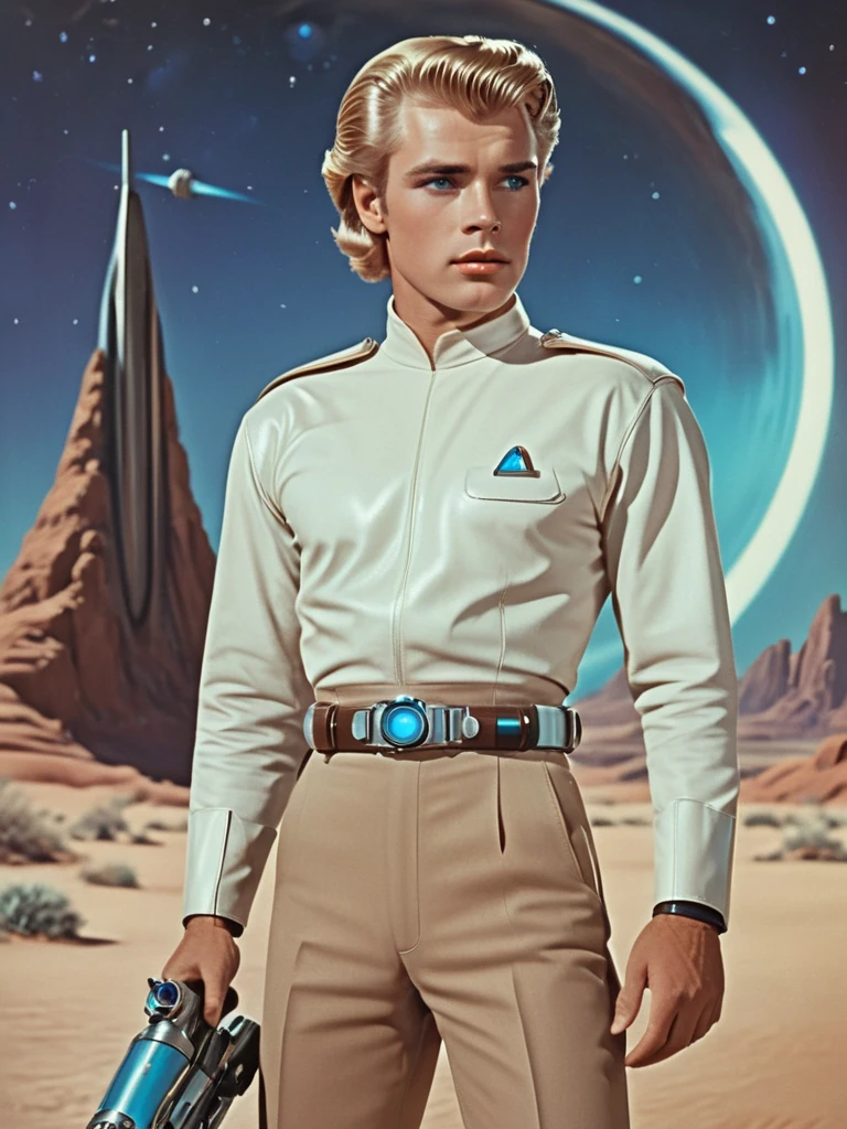 A young, clean-cut farm boy with a hopeful and adventurous expression, depicted in classic 1950s sci-fi movie style. Luke Skywalker has neatly combed blonde hair styled in a soft side-part, and a youthful face with wide, determined eyes. He’s wearing a retro-futuristic white tunic with a belt at the waist, high-waisted tan trousers, and polished leather boots that reflect a 1950s space-explorer aesthetic. In one hand, he holds a sleek, vintage-inspired lightsaber with chrome and glowing blue accents, resembling a futuristic ray gun design from mid-century sci-fi films. He stands heroically against a dramatic desert landscape with twin suns setting on the horizon, while a shiny, retro-style spaceship looms faintly in the background. The overall aesthetic includes bold, vibrant colors and a slight grainy texture, reminiscent of 1950s movie posters or pulp magazine covers