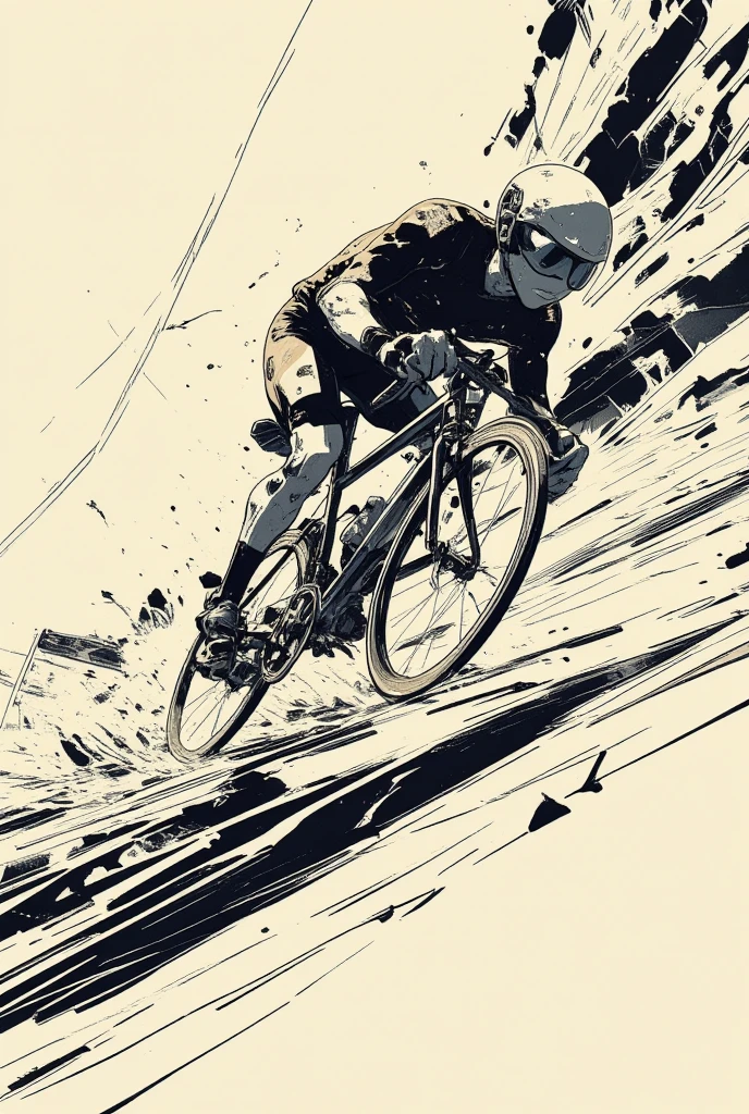 A bicycle racer riding a bicycle down a steep slope as if falling at high speed in a velodrome, The rapidly rotating wheels of the bicycle are expressed with speed lines. Rapid descent expressed only by lines