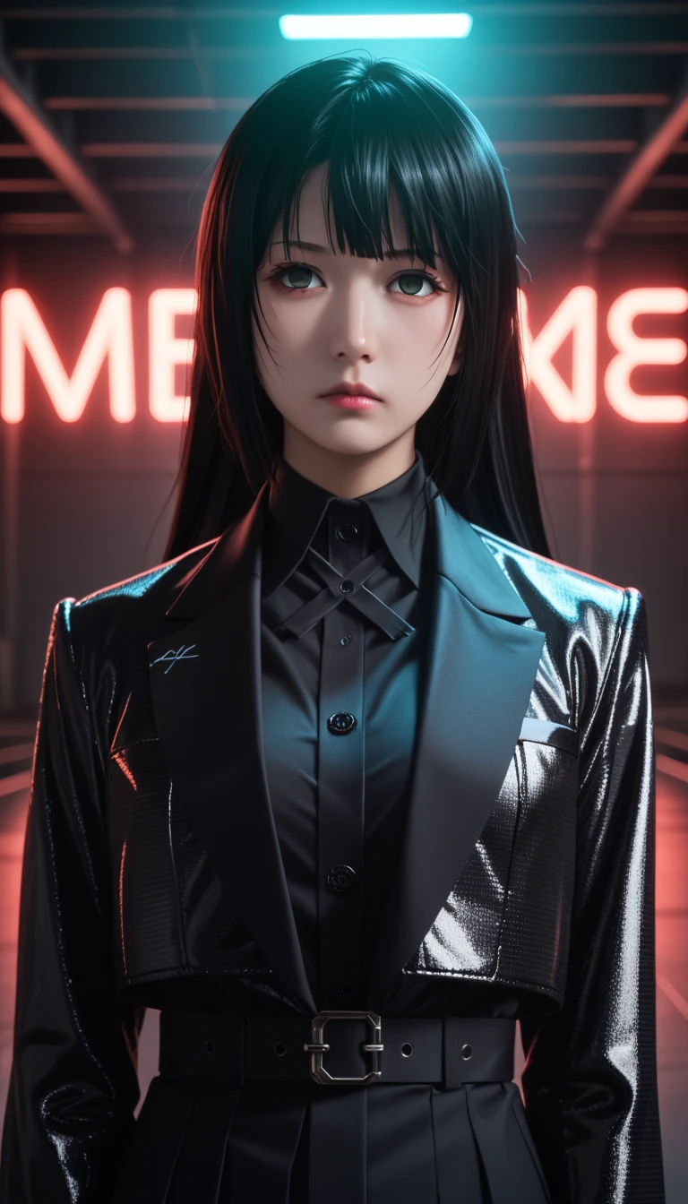          a detailed and beautiful portrait of a 16-year-old Japanese girl,       medium breasts, with healthy appearance , Sensual expression,        tight clothes  , Bold poses ,         detailed embroidery        ,    high quality, 8k,         photorealistic      ,         dramatic lighting    ,         vivid colors        ,(        masterpiece        ,          top quality        ,  :1.2),  (     cyberpunk urban scene illuminated by neon lights          ), (Alone:1.4), (      Elegant and cool    ),  (       Bright neon details         :1.3), (       serious expression        :1.1), (       Confident and relaxed poses           :1.3), holographic outerwear      , (        dynamic lighting        ,   Strong contrast ), anime kakegurui   ,   ,    long black hair   , Sensual,   clothing of the character Yumeko from Kakegurui  , School clothes, 