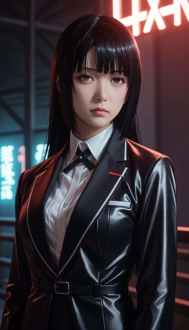          a detailed and beautiful portrait of a 16-year-old Japanese girl,       medium breasts, with healthy appearance , Sensual expression,        tight clothes  , Bold poses ,         detailed embroidery        ,    high quality, 8k,         photorealistic      ,         dramatic lighting    ,         vivid colors        ,(        masterpiece        ,          top quality        ,  :1.2),  (     cyberpunk urban scene illuminated by neon lights          ), (Alone:1.4), (      Elegant and cool    ),  (       Bright neon details         :1.3), (       serious expression        :1.1), (       Confident and relaxed poses           :1.3), holographic outerwear      , (        dynamic lighting        ,   Strong contrast ), anime kakegurui   ,   ,    long black hair   , Sensual,   clothing of the character Yumeko from Kakegurui  , School clothes, 