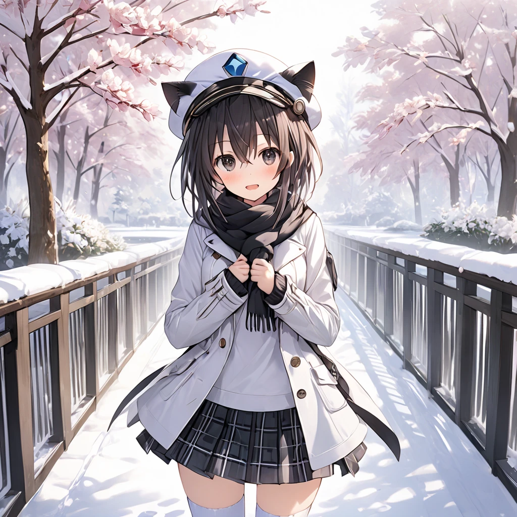 ( 1 girl),blanc \(Neptunia )\,black hair, black eyes,( surprised face:1.5)、blush、(low ponytail:1.5), (long sidelocks:1.5), ,( small tits:1.5),( white overcoat :1.5)、( black plaid mini skirt:1.5),(white thigh high :1.5), scarf、 boots、Cat ear hat、snow,Park Walkway、In front of the pond:1.5、front、 cowboy shot、( perfect anatomy ),( best quality), ( ultra hi-res), (超 high definition ), ( Highly Detailed CG), (32K), (masterpiece)、eyesHD