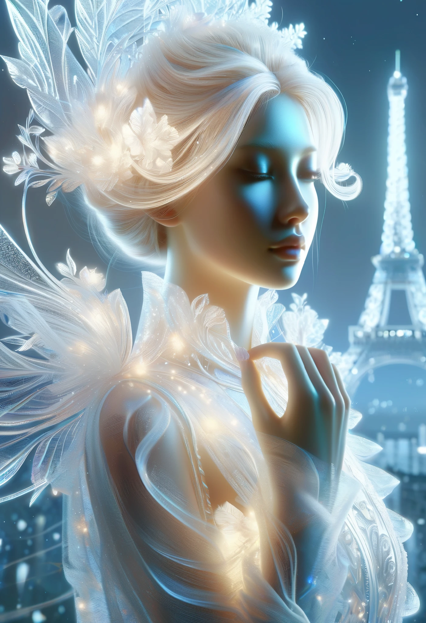 background_A clear day at a landmark in Paris, France:1.2, ((jewel_light element)), (Translucent luminous body_wearing a white frilly blouse), (girl made of light: 1.2, Long wavy, calm blonde hairstyle with delicate features and shine for pale skin), (minimalism: 0.5), (Front close-up angle above the waist: 1.3), 4K, HDR, acid graphics, fantasy work, [Detailed and vivid face: 0.33], (White translucent glowing body and hair: 1.3), Shiny beautiful woman with silhouette outline, Understated elegance is revealed... A calm and dignified atmosphere provides a subtle sense of luxury..... gray smooth texture, stylish pose, fluorescent lamp, Glowing tattoo, bioluminescent tattoo, glowing pattern.