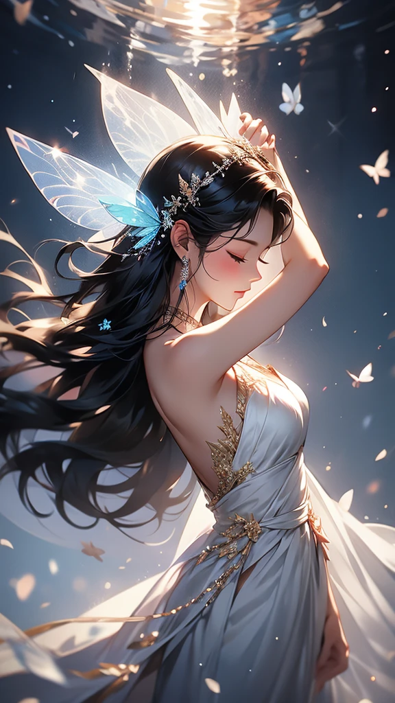 (RAW Photo, Best Quality), (Realistic, Photo Real: 1.3), Best Quality, Highly Detailed, Masterpiece, Hyper Detail, Illustration, 1 Girl, Smile, Butterfly Hair Ornament, Black Hair, White Hanfu, White Gauze, Elder on the Back A Pair of Blue Butterfly Wings, Wield a Swords, Butterfly Fairy, upper_body, Dynamic Angle, World Mastery Theater, Flying Long Hair, Fluores cent Red, dynamic Fire inbackground, best quality, extremely detailed CG unified 8k wallpaper, ink, amazing, cinema lighting, lens_flare, wuxia_style