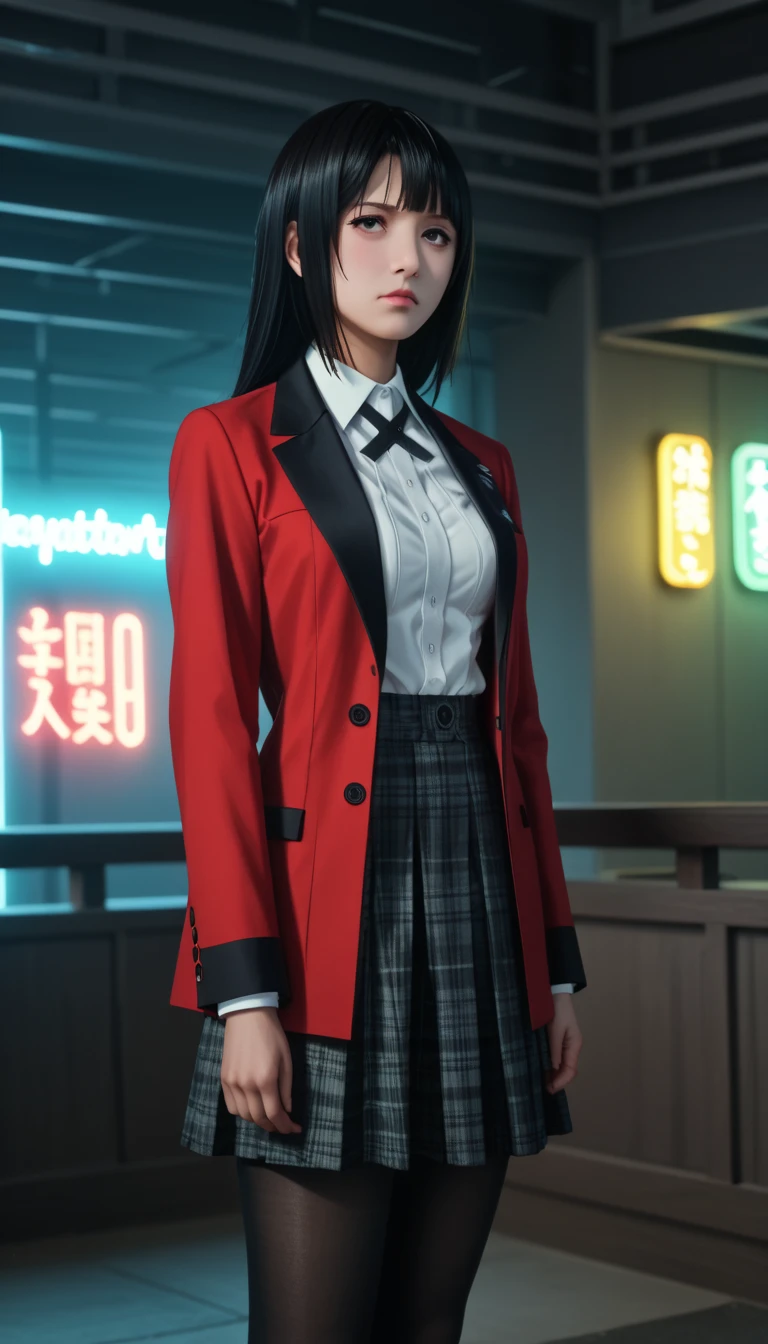           a detailed and beautiful portrait of a 16-year-old Japanese girl,        medium breasts, with healthy appearance , Sensual expression,         tight clothing  , Bold poses ,          detailed embroidery         ,     high quality, 8k,          photorealistic       ,          dramatic lighting    ,          vivid colors         ,(         masterpiece         ,           top quality         ,  :1.2),  (      cyberpunk urban scene illuminated by neon lights           ), (Alone:1.4), (       Elegant and cool     ),  (        Bright neon details          :1.3), (        serious expression         :1.1), (        Confident and relaxed poses            :1.3), holographic clothes       , (         dynamic lighting         ,   Strong contrast ), anime kakegurui    ,   ,     long black hair    , Sensual,    clothing of the character Yumeko from Kakegurui  , School clothes, white shirt,  red coat with black details ,  black and brown plaid skirt , black pantyhose , 