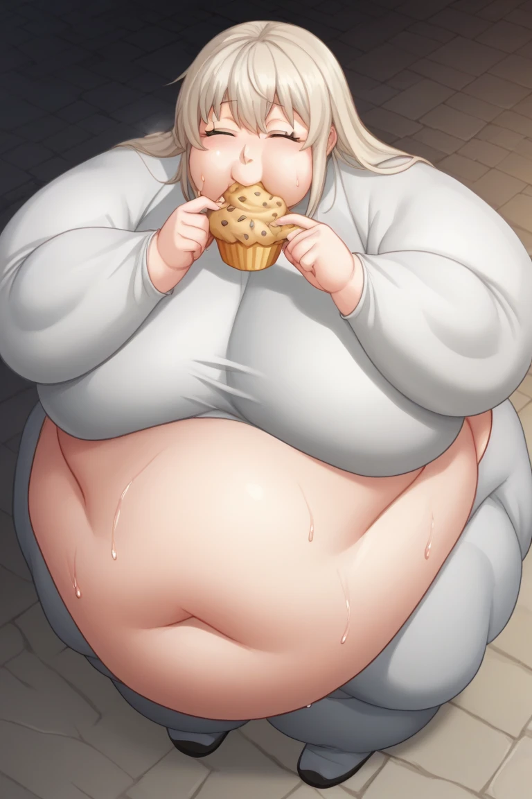 score_9, score_8_above, score_7_above, source_anime, anime screencap, Falin Touden, Dungeon Meshi, Delicious in Dungeon, platinum blonde hair, pale skin, closed eyes, soft face, happy, eating a lot of food, sweating, sweaty, fat body, fatty, obese body type , Huge breasts, sloppy stomach  , ssbbw,　 mulher above do peso, Huge breasts,  belly coming off clothes, giant arms and legs,  Big Belly,  exposed belly , sweaty, muffin top