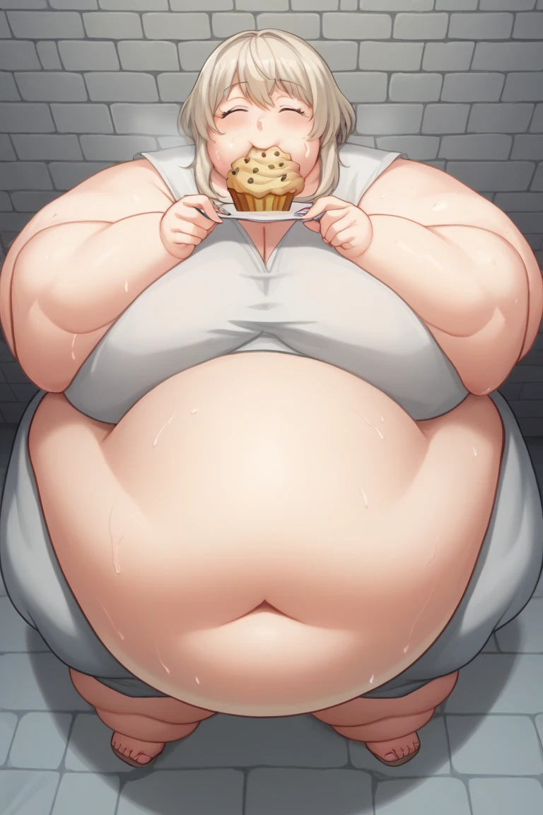 score_9, score_8_above, score_7_above, source_anime, anime screencap, Falin Touden, Dungeon Meshi, Delicious in Dungeon, platinum blonde hair, pale skin, closed eyes, soft face, happy, eating a lot of food, sweating, sweaty, fat body, fatty, obese body type , Huge breasts, sloppy stomach  , ssbbw,　 mulher above do peso, Huge breasts,  belly coming off clothes, giant arms and legs,  Big Belly,  exposed belly , sweaty, muffin top