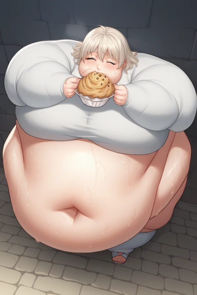 score_9, score_8_above, score_7_above, source_anime, anime screencap, Falin Touden, Dungeon Meshi, Delicious in Dungeon, platinum blonde hair, pale skin, closed eyes, soft face, happy, eating a lot of food, sweating, sweaty, fat body, fatty, obese body type , Huge breasts, sloppy stomach  , ssbbw,　 mulher above do peso, Huge breasts,  belly coming off clothes, giant arms and legs,  Big Belly,  exposed belly , sweaty, muffin top