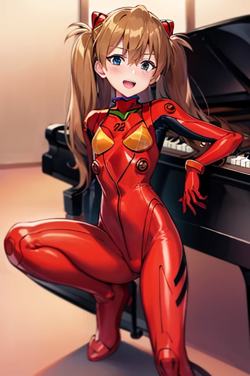 (( top quality )), ((masterpiece)), (be familiar with),  perfect face, indoor, bedroom,  is watching viewers,
One woman,  Soryu Asuka Langley,
 open mouth,  ecstatic expression beside the piano, blush, smile,
 small tits,  flat chested, Young girl, Lori,  s,  girl,
 long hair,  Twin Tails ,
Leg spread,