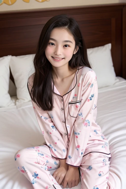 pure and naive middle school student 、pink pajamas with cute floral pattern、 no makeup、 bed、Sunlight、