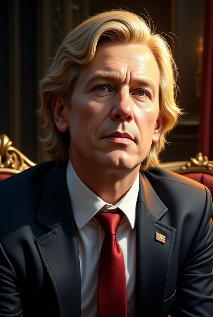 A young Donald Trump, beautiful detailed eyes, beautiful detailed lips, extremely detailed eyes and face, longeyelalashes, 1boy, portrait, oil painting, detailed background, golden hour lighting, dramatic lighting, cinematic, highly detailed, photorealistic, 8k, best quality, masterpiece
