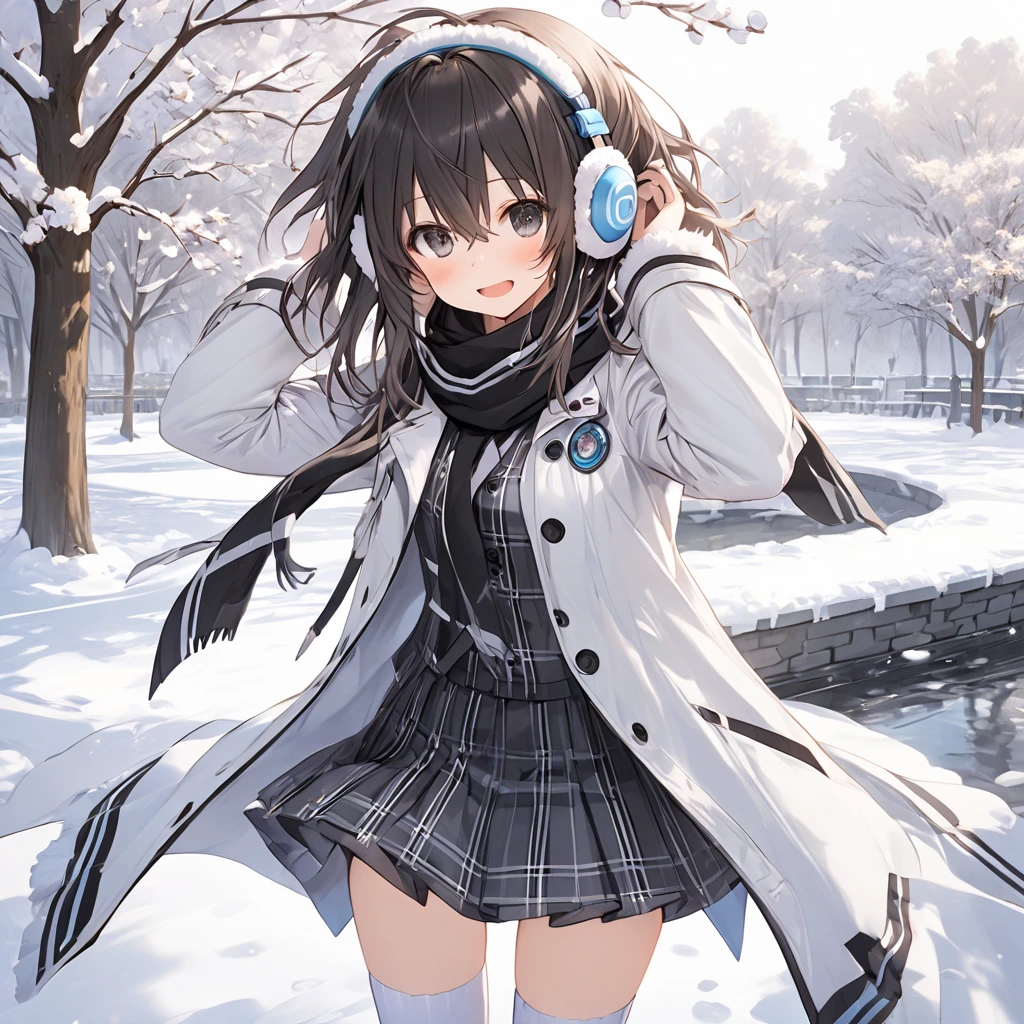 ( 1 girl),blanc \(Neptunia )\,black hair, black eyes,( surprised face:1.5)、blush、(low ponytail:1.5), (long sidelocks:1.5), ,( small tits:1.5),( white overcoat :1.5)、( black plaid mini skirt:1.5),(white thigh high :1.5), scarf、 boots、Earmuffs、snow,Park Walkway、In front of the pond:1.5、front、 cowboy shot、( perfect anatomy ),( best quality), ( ultra hi-res), (超 high definition ), ( Highly Detailed CG), (32K), (masterpiece)、eyesHD