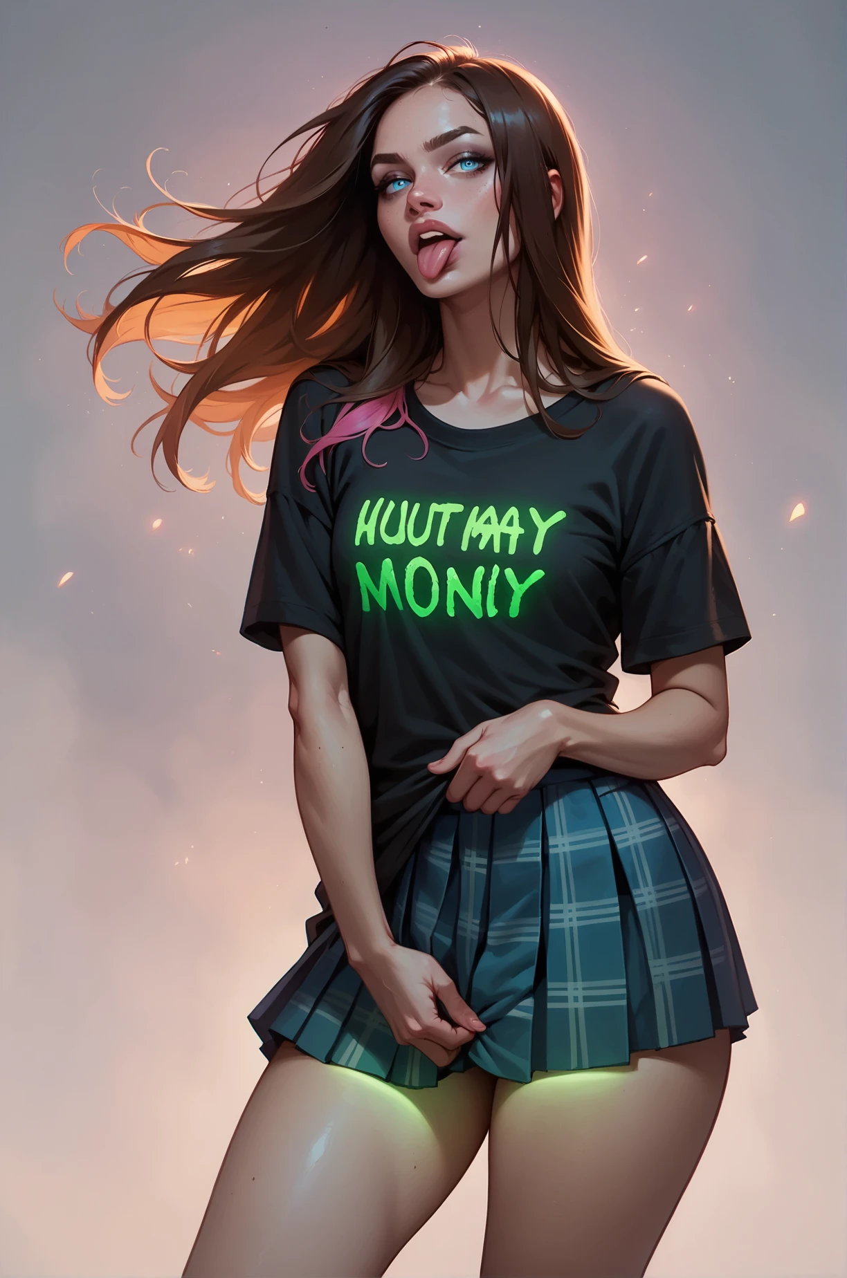 score_9, score_8_up, score_7_up, cartoon of a girl, solo, sexy, slutty, blue eyes, brown hair, straight hair, blue plaid pleated skirt, black oversized tshirt, small breast, thighs, sticking out her tongue, standing, moody and gritty, glowing green writing, pink grunge background