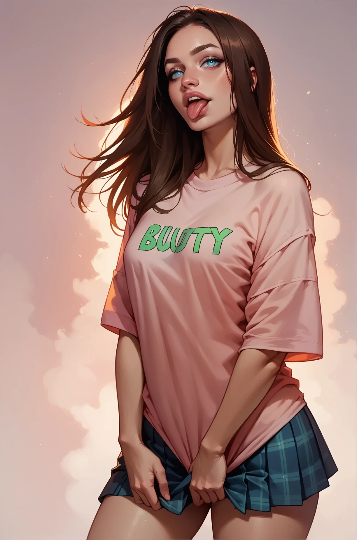 score_9, score_8_up, score_7_up, cartoon of a girl, solo, sexy, slutty, blue eyes, brown hair, straight hair, blue plaid pleated skirt, black oversized tshirt, small breast, thighs, sticking out her tongue, standing, moody and gritty, glowing green writing, pink grunge background