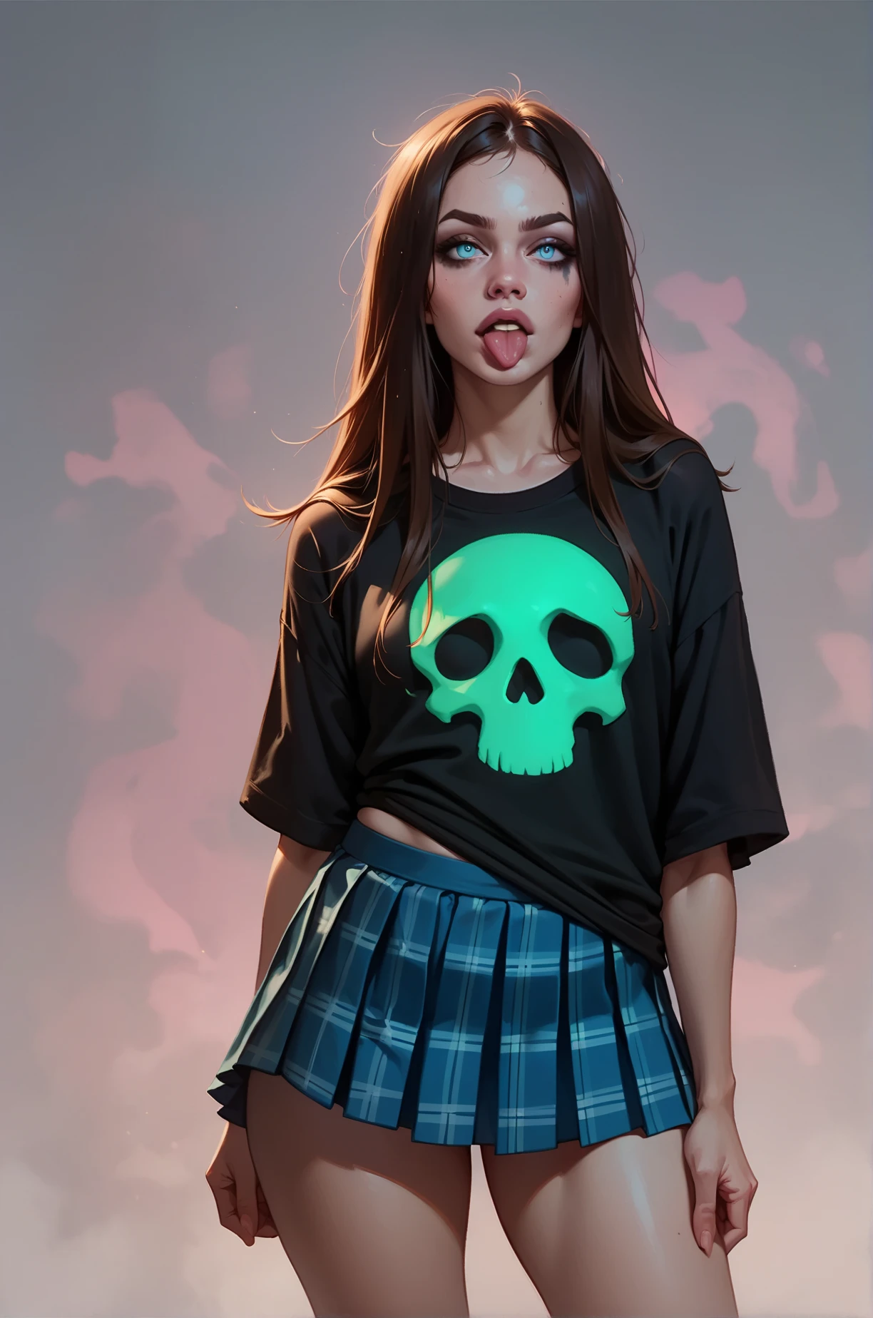 score_9, score_8_up, score_7_up, cartoon of a girl, solo, sexy, slutty, blue eyes, brown hair, straight hair, blue plaid pleated skirt, black oversized tshirt, small breast, thighs, sticking out her tongue, standing, moody, skull, glowing green writing, pink grunge background