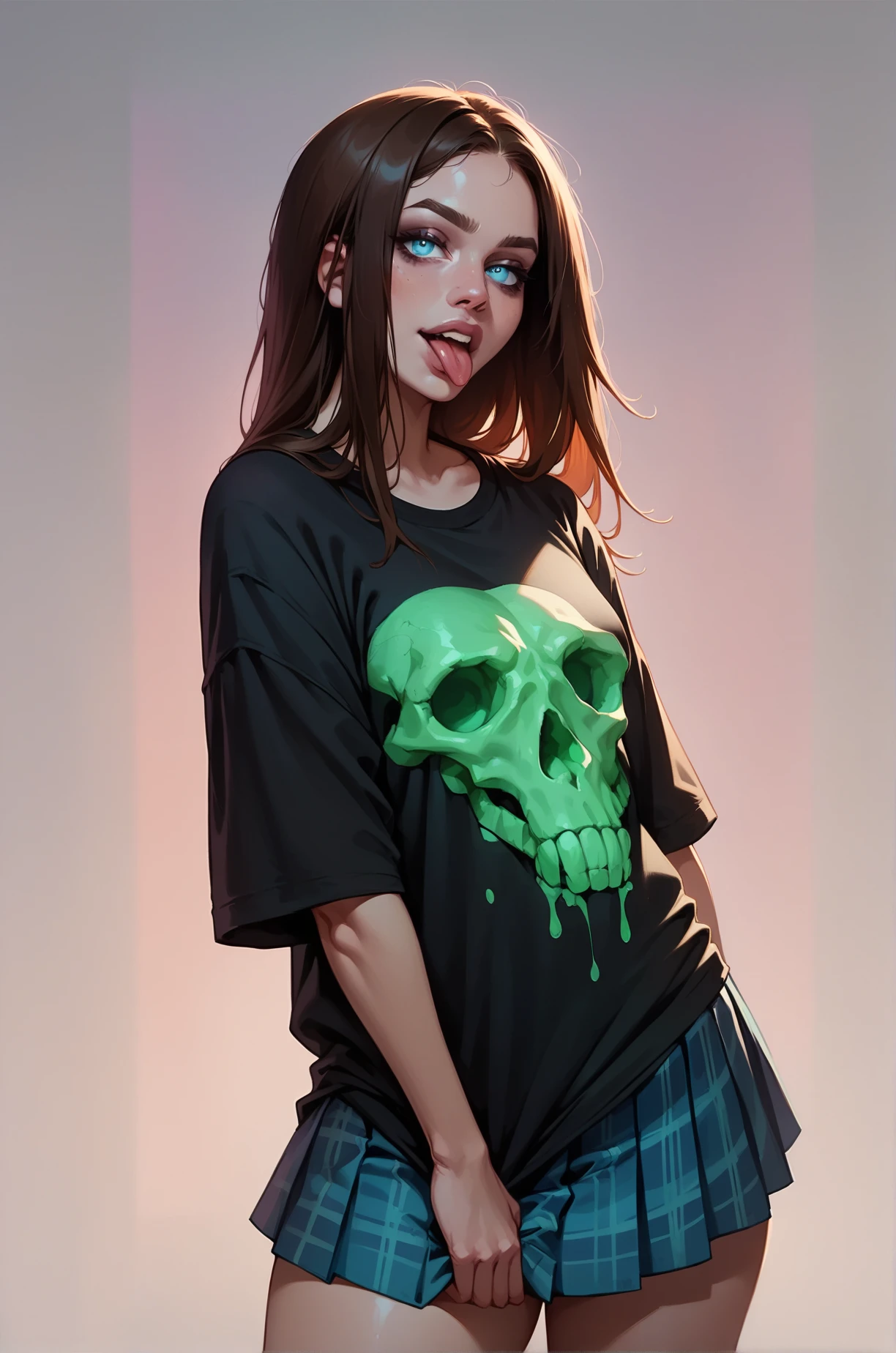 score_9, score_8_up, score_7_up, cartoon of a girl, solo, sexy, slutty, blue eyes, brown hair, straight hair, blue plaid pleated skirt, black oversized tshirt, small breast, thighs, sticking out her tongue, standing, moody, skull, glowing green writing, pink grunge background