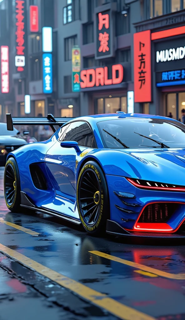 cyberpunk、masterpiece、 anatomically correct on white grass、 top quality 、 high detail、Neon Buildings、 Fairlady Zs30 、Blue Devil's Z 、 Custom 、 Wide Wheels 、Lowdown 、 Detailed Blister Fenders、 Full Smoke 、 side angle、Right beside、Full car view 、