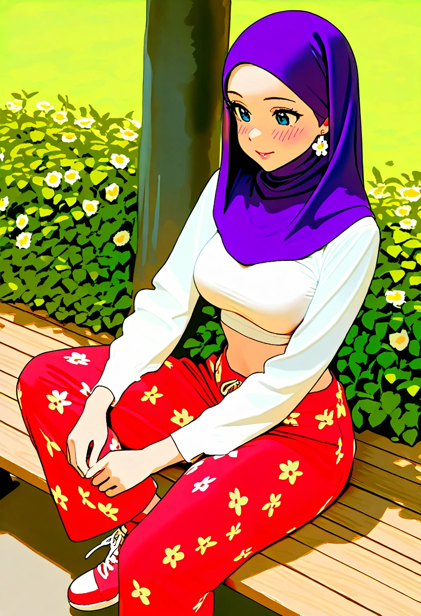 masterpiece, best quality,1girl, round breasts, hijab style, purple hijab, blushing, soft pink lips, blue eyes, red sneakers, Palazzo Pants with a flower print on them, long sleeved pink crop top, flower earrings, sitting a bench, cuddling with a cute orange kitten