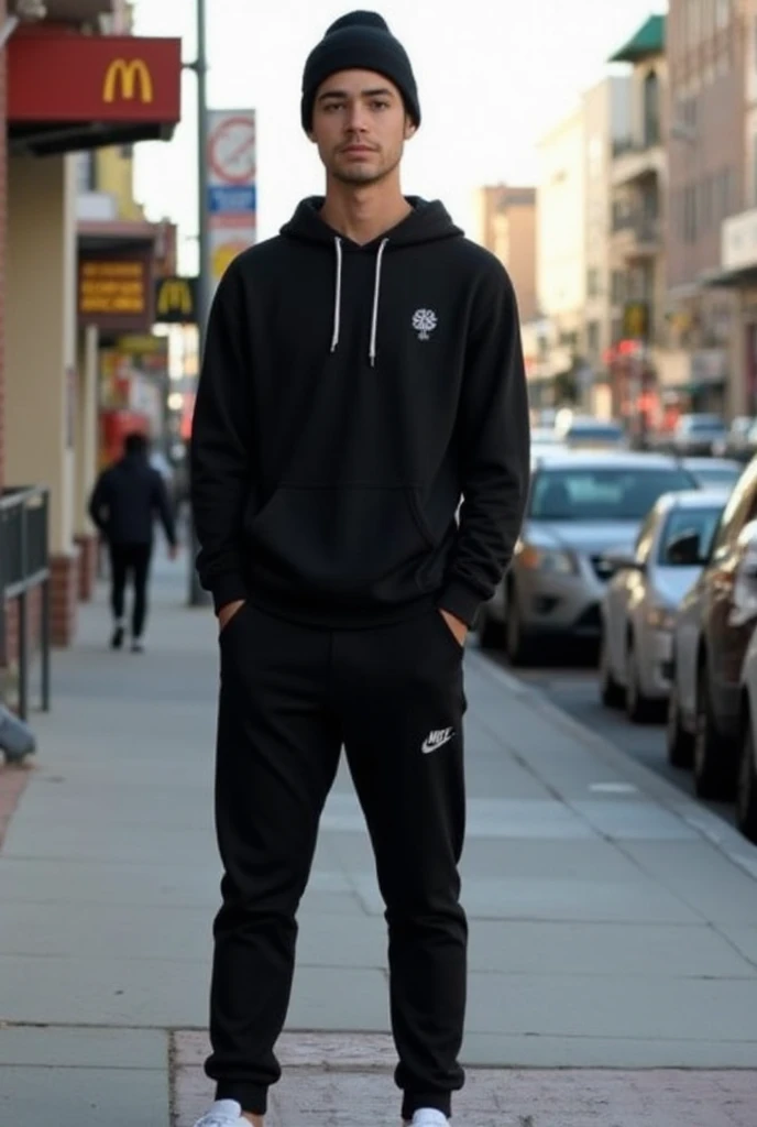a portrait of beautiful Graphic hoodie, joggers, sneakers, bucket hat, backpack