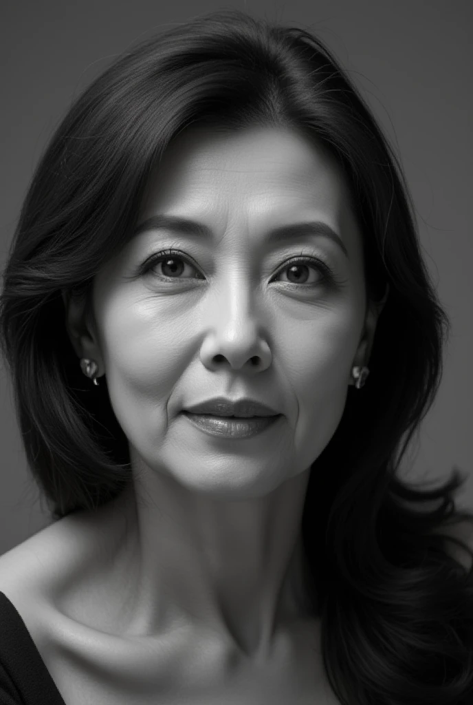 Mature Woman, ( Detailed description of the hair), (Detailed description of the face), (Detailed description of the body), high definition , masterpiece,  top quality ,  high detail, formal: 1.4), ( realistic : 1.2, 超 realistic な: 1.1,  realistic: 1.37), (Sharp focus: 1.4),  is written by,  looking up with moist eyes, (straight hair:1.2), ,  unrivaled beauty , (Ultimate beauty), (lipstick:1.1), ( eyeliner :1.2), ( mascara), ( Eye Shadow ), (48 years old,: 1.4), Japanese、 closeup 、 fine lines of laughter :1.2、,(black and white photography:1.5)、Pleased