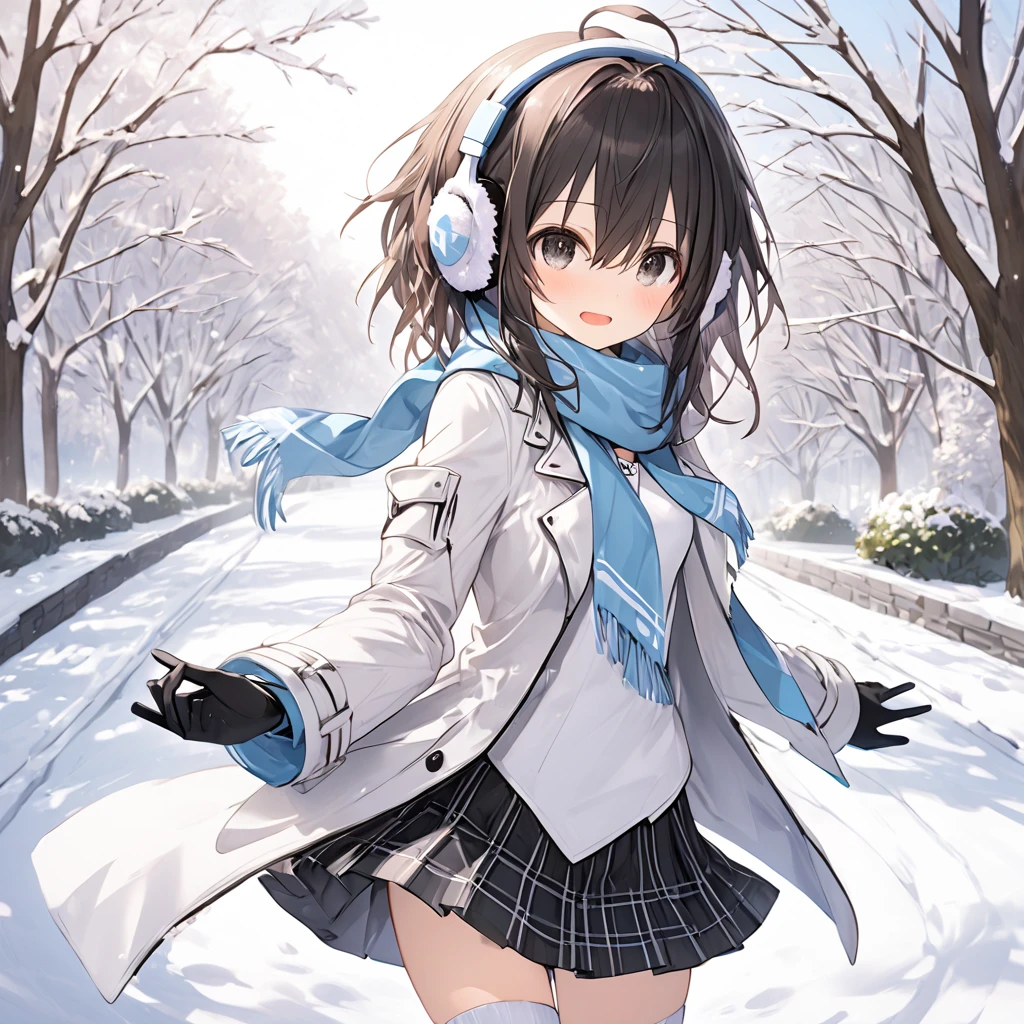 ( 1 girl),blanc \(Neptunia )\,black hair, black eyes,( surprised face:1.5)、blush、(low ponytail:1.5), (long sidelocks:1.5), ,( small tits:1.5),( white overcoat :1.5)、( black plaid mini skirt:1.5),(white thigh high :1.5), scarf、 boots、Earmuffs、gloves、snow,Park Walkway、In front of the pond:1.5、front、 cowboy shot、( perfect anatomy ),( best quality), ( ultra hi-res), (超 high definition ), ( Highly Detailed CG), (32K), (masterpiece)、eyesHD