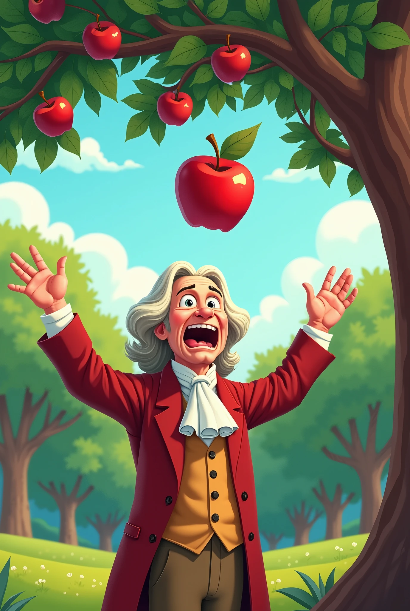 (masterpiece,  High Quality ,  high definition ,  Golden Ratio ,  movie lighting, 8k), ( flat and comical illustration art ), A bright red apple falling from a tree 。((Isaac Newton was exaggerated and surprised to see it)), How huh ah ah！