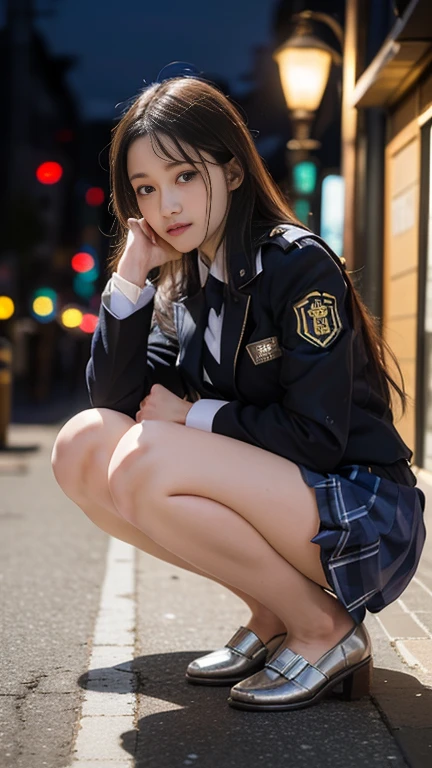 top-quality、hight resolution、ultra-detailliert、​masterpiece、Raw photography:2、realisitic:2、Photorealsitic:2、extremely delicate and beautiful、finely detail、Textured skin、1girl in、(Solo:1.7)、(Alone)、full-shot、Sky from below、(Height is 165cm)、18-year-old schoolgirl in Japan、(Body facing the camera:1.4)、(Stop closest to the ground with a crotch wide open squat:1.7)、(Kupaa:1.3)、(Put your hands on the ground behind your back)、(Shibuya at night in Japan:1.2)、Sidewalk lined with shops、(School Uniforms:1.2)、(Wear black loafers)、Light brown medium hair、(Showing white panties:1.4)、(Bare legs:1.5)、(beauitful face:1.5)、perfectly proportions、(Do not take off your uniform:2)、At SFW