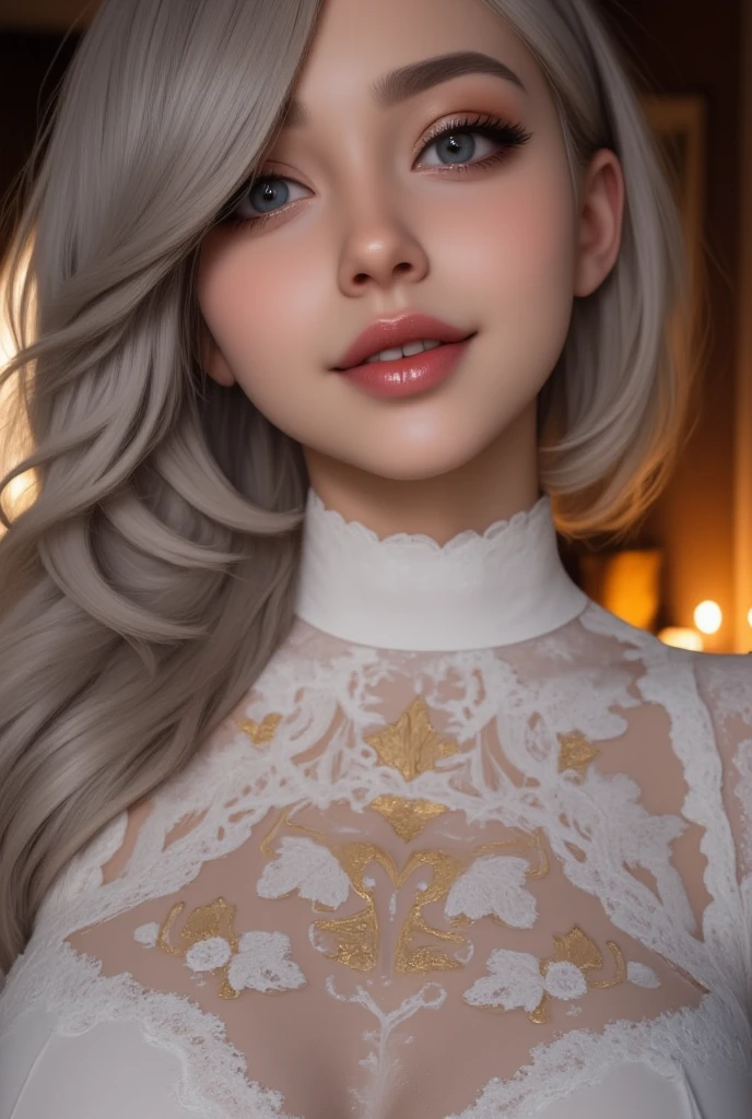   A beautiful woman with beautiful eyes :1.2, detailed eyes,(light blue eyes)beautiful full lips ,(lips painted in gold color ) highly detailed eyes and faces,  Long eyelashes,( silver hair),( Long wavy hair), big breasts,cute expression, smile,  session:1.4,home background  , , chimney, warm light,  lighting and detailed shadows ,  anime style , 8K, Hi-Nothing,  Masterpiece:1.4,  bright colors,brasier navideño pechos super enromes a la luz de la chimney.