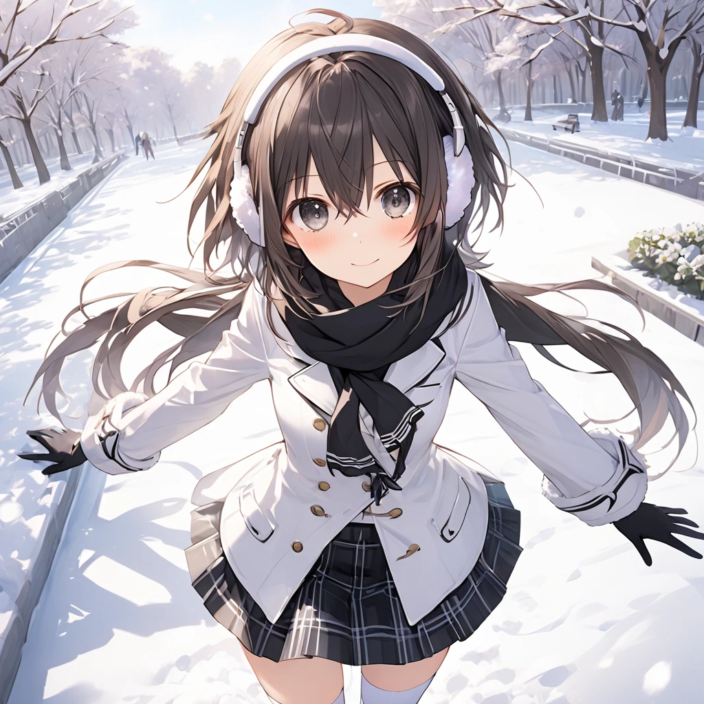 ( 1 girl),blanc \(Neptunia )\,black hair, black eyes,( surprised face:1.5)、blush、(low ponytail:1.5), (long sidelocks:1.5), ,( small tits:1.5),( white overcoat :1.5)、( black plaid mini skirt:1.5),(white thigh high :1.5), scarf、 boots、Earmuffs、gloves、snow,Park Walkway、In front of the pond:1.5、front、 cowboy shot、 dynamic angle 、( perfect anatomy ),( best quality), ( ultra hi-res), (超 high definition ), ( Highly Detailed CG), (32K), (masterpiece)、eyesHD