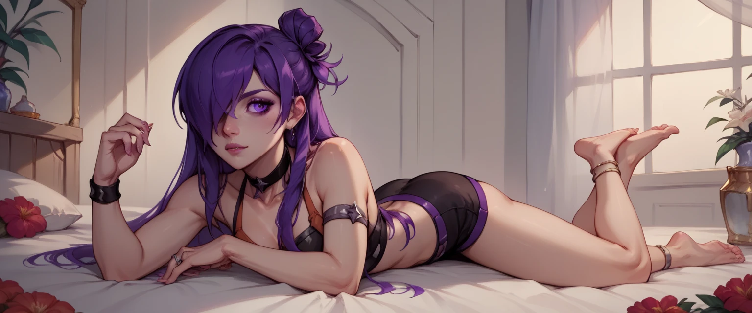 score_9, score_8_up, score_7_up, BREAK, masterpiece, best quality,purple hair, shez, hair over one eye, choker,,single hair bun,wearing toe rings,