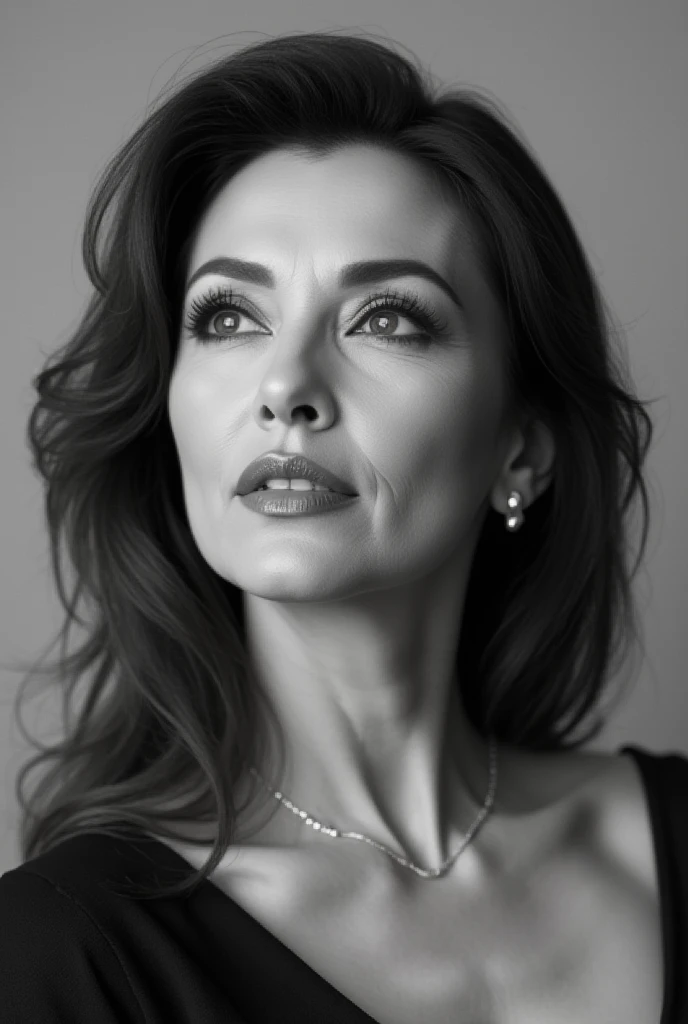 Mature Woman, ( Detailed description of the hair), (Detailed description of the face), (Detailed description of the body), high definition , masterpiece,  top quality ,  high detail, formal: 1.4), ( realistic : 1.2, 超 realistic な: 1.1,  realistic: 1.37), (Sharp focus: 1.4),  is written by,  looking up with moist eyes,  wavy hair , ,  unrivaled beauty , (Ultimate beauty), (lipstick:1.1), ( eyeliner :1.2), ( mascara), ( Eye Shadow ), (48 years old,: 1.4), Japanese、 closeup 、 fine lines of laughter :1.2、seductive smile,,(black and white photography:1.5),Pleased