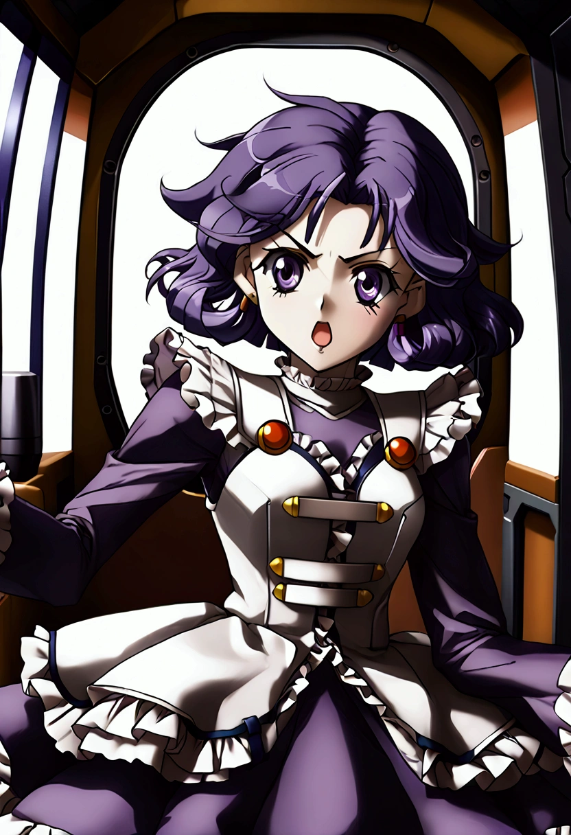 Latooni suvota from Super Robot Wars OG. Nerd, timid, open mouth, (panic). Short shoulder length Purple hair, pale skin. ((Refusing frilly dress)), (dynamic movements) . Sci-fi high tech Ship's private cabin, blush