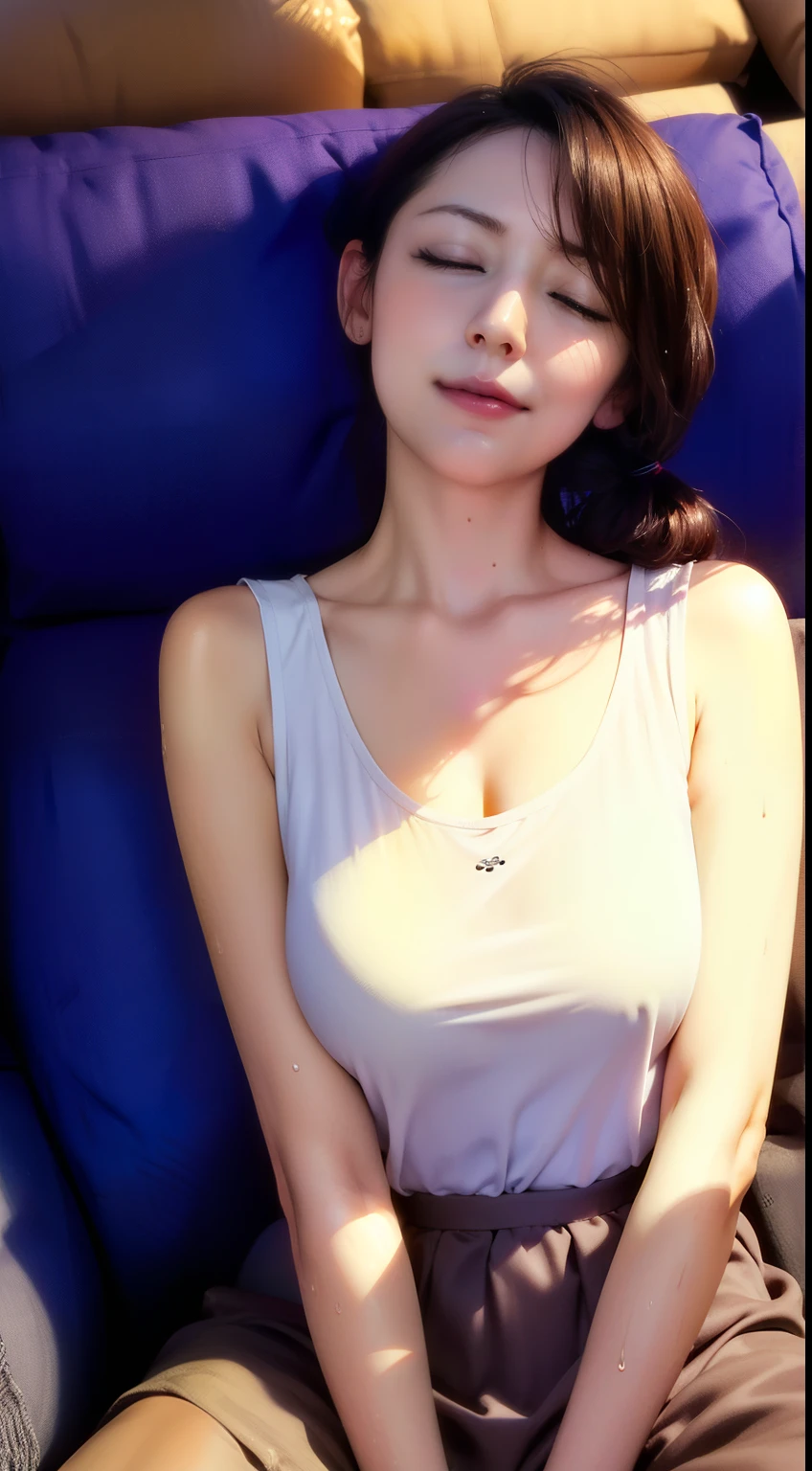 1 beautiful woman, large body,  (large breasts), Asian girl, ponytail, outlined eyelids, made-up eyelids, sleeveless shirt, White shirt, cleavage, gray skirt, ((sleeping sitting on the sofa:1.7)), Lean against the back of the sofa, mouth open, (eyes closed:1.2),  ((He's limp:1.9)),((all wet, wet moist body1.2)), (see-through nipple:0.5), body covered with flames,  (open knees:1.5), incline one's head to the side, 