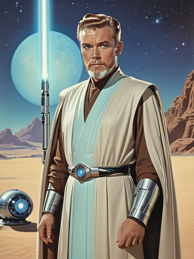 A close up wise and noble space wizard styled as a 1950s sci-fi mentor. Obi-Wan Kenobi is depicted as a middle-aged man with neatly styled, slicked-back hair and a well-groomed beard, evoking the polished look of 1950s movie heroes. He wears a flowing, retro-futuristic robe with angular lines, subtle metallic accents, and clean seams, resembling the attire of a classic space sage or intergalactic scholar. The robe is a soft tan color, layered over a tunic with high-waisted trousers and sturdy leather boots.

In one hand, he holds a vintage-inspired lightsaber redesigned to resemble a glowing, chrome-plated energy blade with art deco details, emitting a faint blue light. His posture is calm and composed, exuding both authority and wisdom, as he stands heroically in a desert landscape under a dramatic twin-sun sky. The scene is illuminated with bold, golden light, giving it the striking, theatrical feel of a 1950s pulp sci-fi movie poster. Obi-Wan's expression is serene yet determined, his gaze distant as if contemplating the mysteries of the universe.