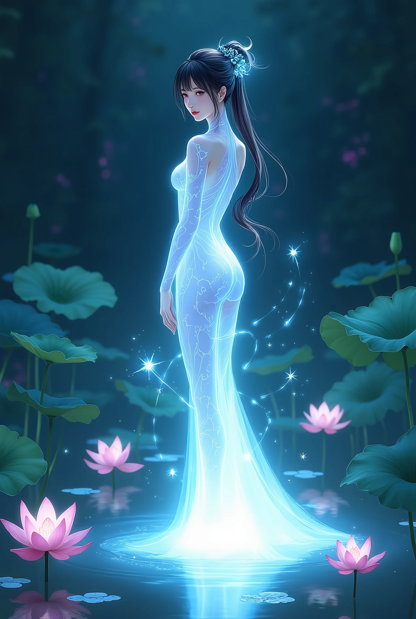 (masterpiece,  top quality :1.2),  anime art style, Attractive illustrations,Peaceful painting， 1 girl, Tall lotus，Alone，Body Glow，Glowing Lines，fluorescence,【Illumination example】，Example Tracking，flash，萤Particles of light，Backlight， translucent ，Particles of light， correct human anatomy ，