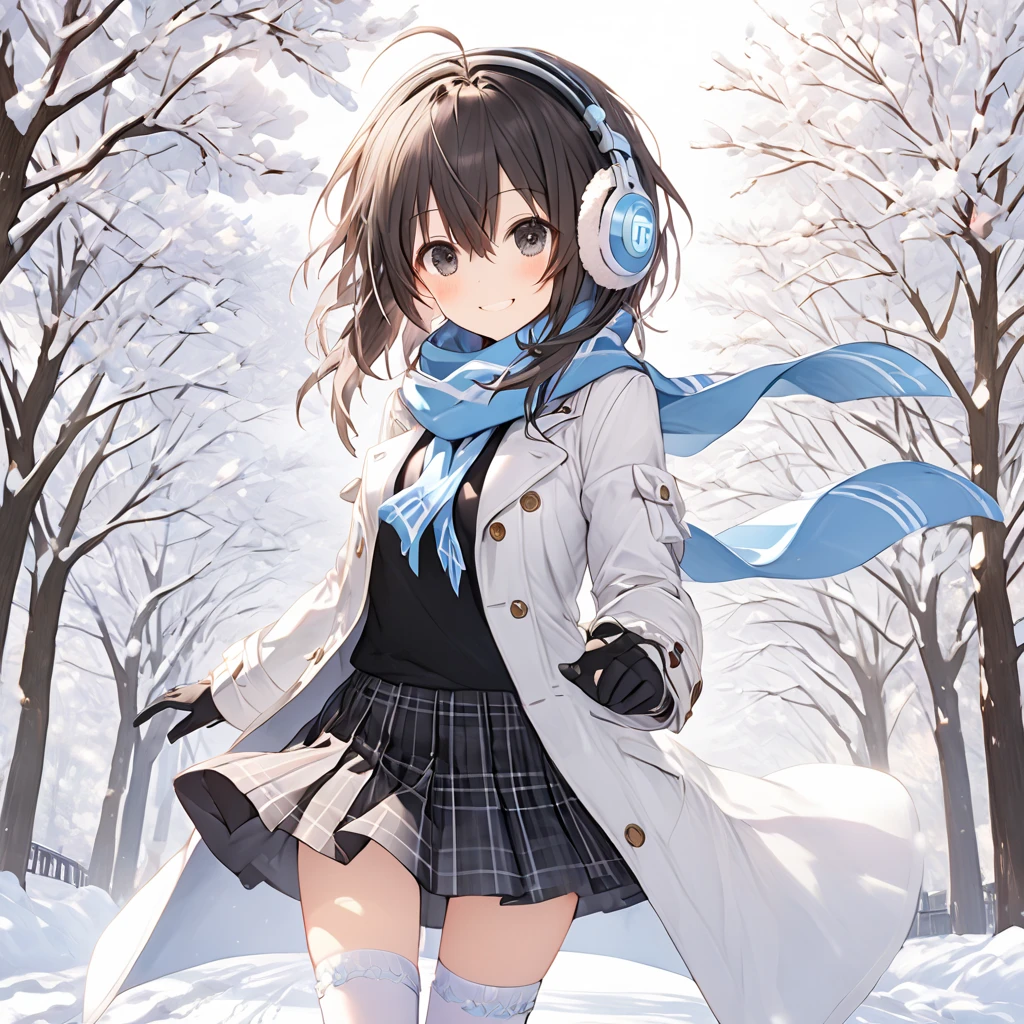 ( 1 girl),blanc \(Neptunia )\,black hair, black eyes,(smile:1.5)、blush、(low ponytail:1.5), (long sidelocks:1.5), ,( small tits:1.5),( white overcoat :1.5)、( black plaid mini skirt:1.5),(white thigh high :1.5), scarf、 boots、Earmuffs、gloves、snow,Park Walkway、front、 cowboy shot、 dynamic angle 、( perfect anatomy ),( best quality), ( ultra hi-res), (超 high definition ), ( Highly Detailed CG), (32K), (masterpiece)、eyesHD