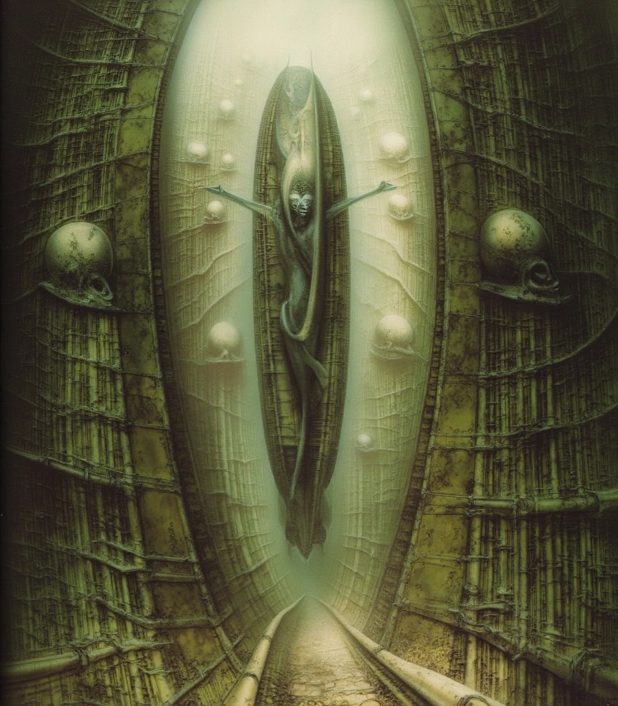 H. R. Giger's g1g3r, , Giger_style, H. R. Giger's g1g3r, , Giger_style, The image is a detailed view of H.R. Giger's \" HRG Aleph \" plate, featuring ( The image depicts a surreal, dark artwork featuring a human figure suspended between two hordous-like structures (best quality:1.4). ( a painting of a man ctusified on top of a skull, h.r. giger city, beautiful cyborg priestess, cathedral of sun, oilpainting, by Władysław Podkowiński, lament configuration, brian pulido, masahiro ito, medium detail, 2 0 2 0 award winning painting, grain 1 9 9 0.), background is an intricate, gothic architecture (best quality:1.4) with ornate details, adding a sense of otherworldliness to the scene. By Giger   (Proportion:1.1),  , (Reflected light:1.2), Parchment, ultra detailed, intricate,, (best quality:1.4), H.R. GIGER,  BY GIGER