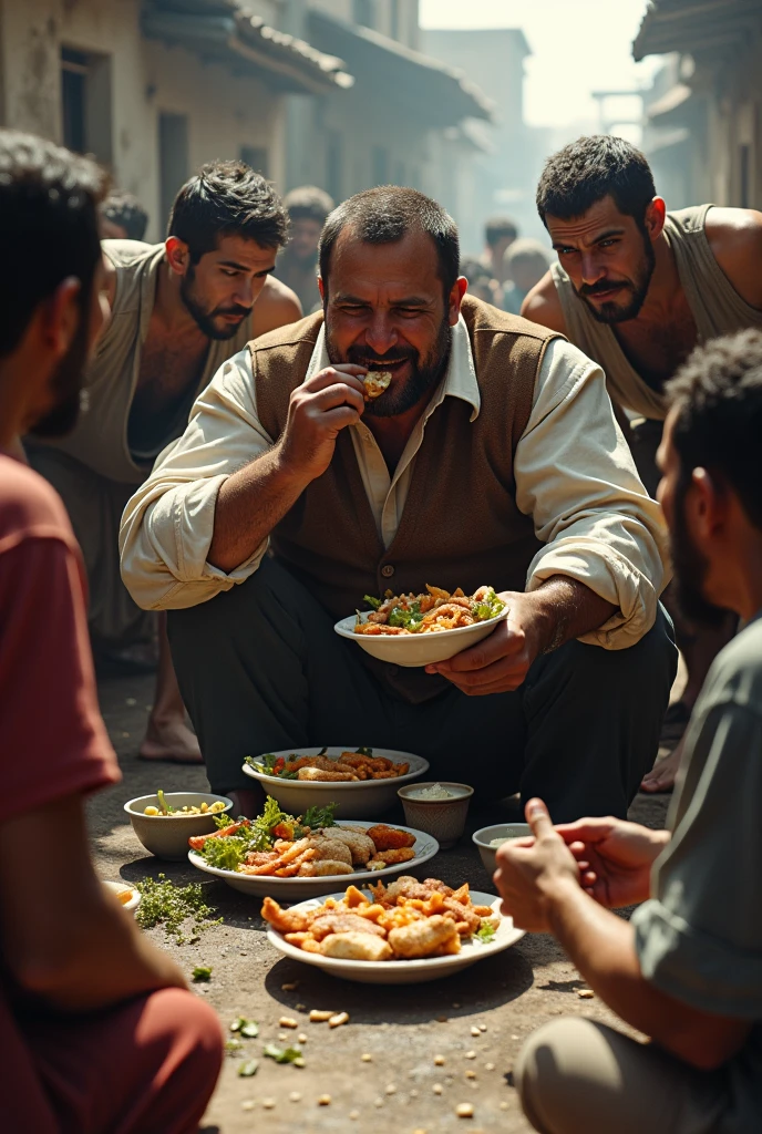 In shape happy selfish man with white skin, eating around sad african hungry kids without food