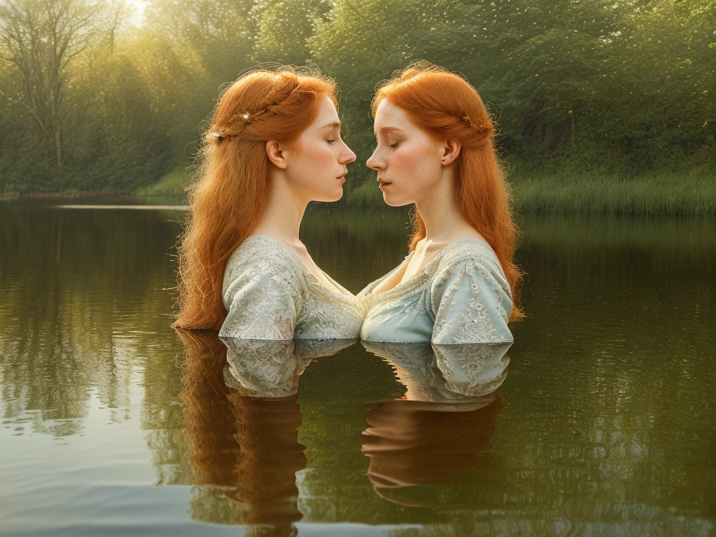 a girl whispering into another girl's ear, overhead view, 1800s aesthetic, redhead and blonde hair, sharp facial features, (gigantic breasts:1.3), beautiful detailed lace dress, long puff sleeves, cinched waist, refined silk or fine cotton fabric, elegant victorian fashion, detailed fashion illustration, swimming in lake, peaceful nature landscape, lush green foliage, warm golden hour lighting, reflections in water , high quality, realistic, photorealistic, 8k, masterpiece, intricate embroidery, delicate lace patterns, opulent textures, sumptuous folds, dramatic lighting, warm color palette, chiaroscuro, oil painting style