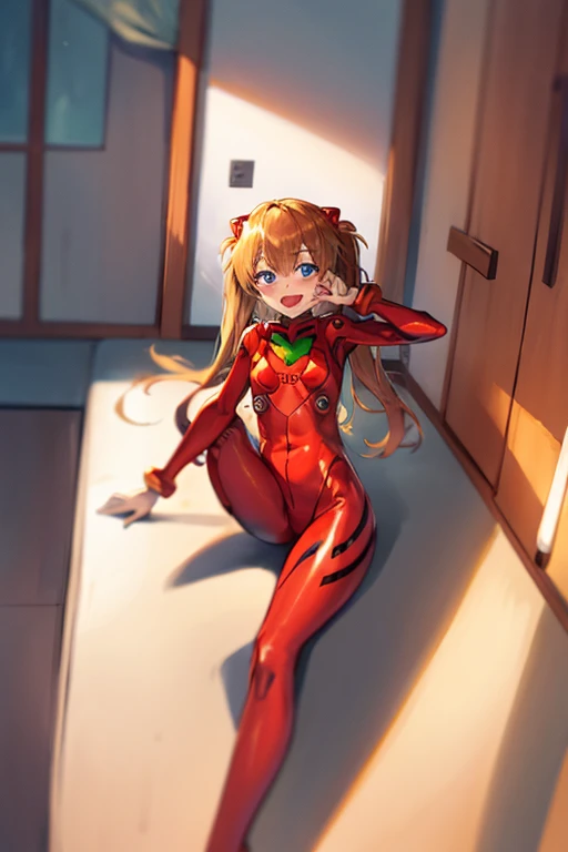 (( top quality )), ((masterpiece)), (be familiar with),  perfect face, indoor, bedroom,  is watching viewers,
One woman,  Soryu Asuka Langley,
 open mouth,  ecstatic expression beside the piano, blush, smile,
 small tits,  flat chested, Young girl, Lori,  s,  girl,
 long hair,  Twin Tails ,
Leg spread,