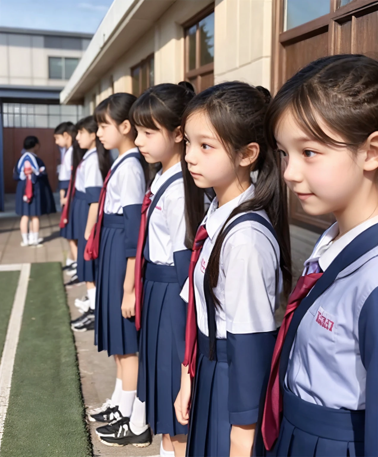  s,Middle school students quietly line up before entering the classroom,cute, Masterpiece, Details