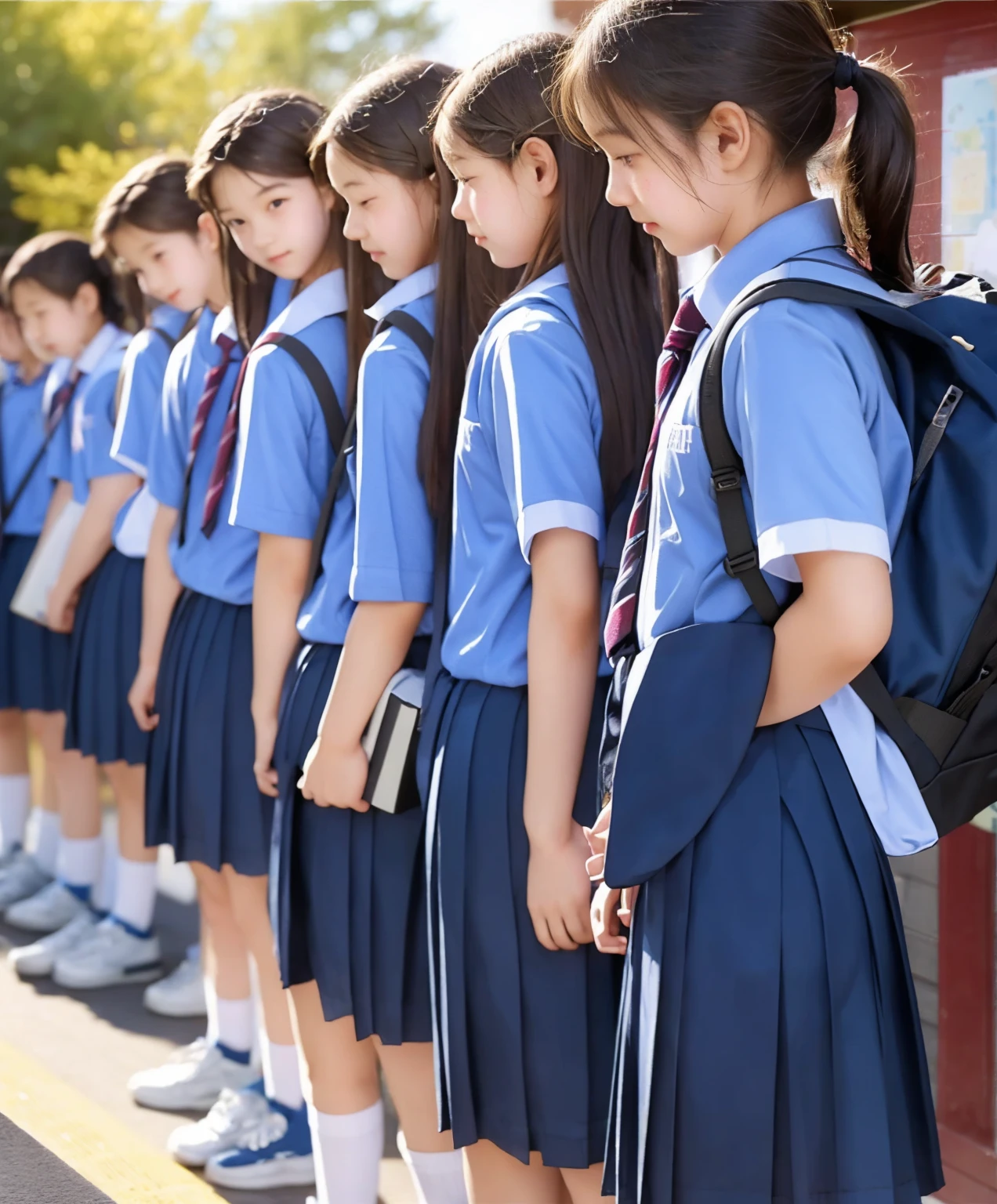  s,Middle school students quietly line up before entering the classroom,cute, Masterpiece, Details