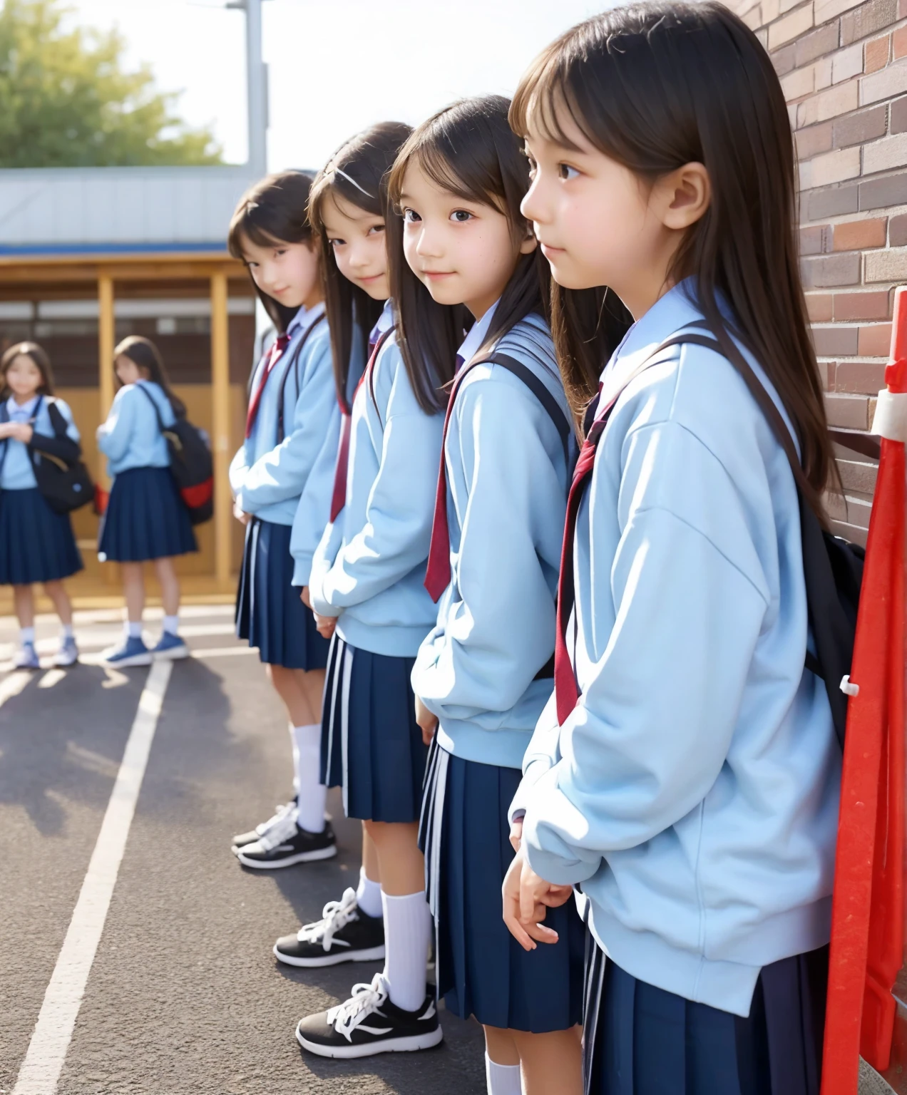  s,Middle school students quietly line up before entering the classroom,cute, Masterpiece, Details