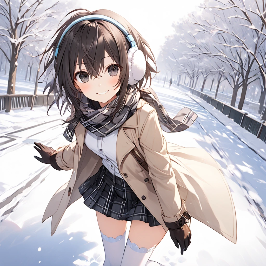 ( 1 girl),blanc \(Neptunia )\,black hair, black eyes,(smile:1.5)、blush、(low ponytail:1.5), (long sidelocks:1.5), ,( small tits:1.5),( white overcoat :1.5)、(Beige vest),( black plaid mini skirt:1.5),(white thigh high :1.5), scarf、 boots、Earmuffs、gloves、snow,Park Walkway、front、 cowboy shot、 dynamic angle 、( perfect anatomy ),( best quality), ( ultra hi-res), (超 high definition ), ( Highly Detailed CG), (32K), (masterpiece)、eyesHD