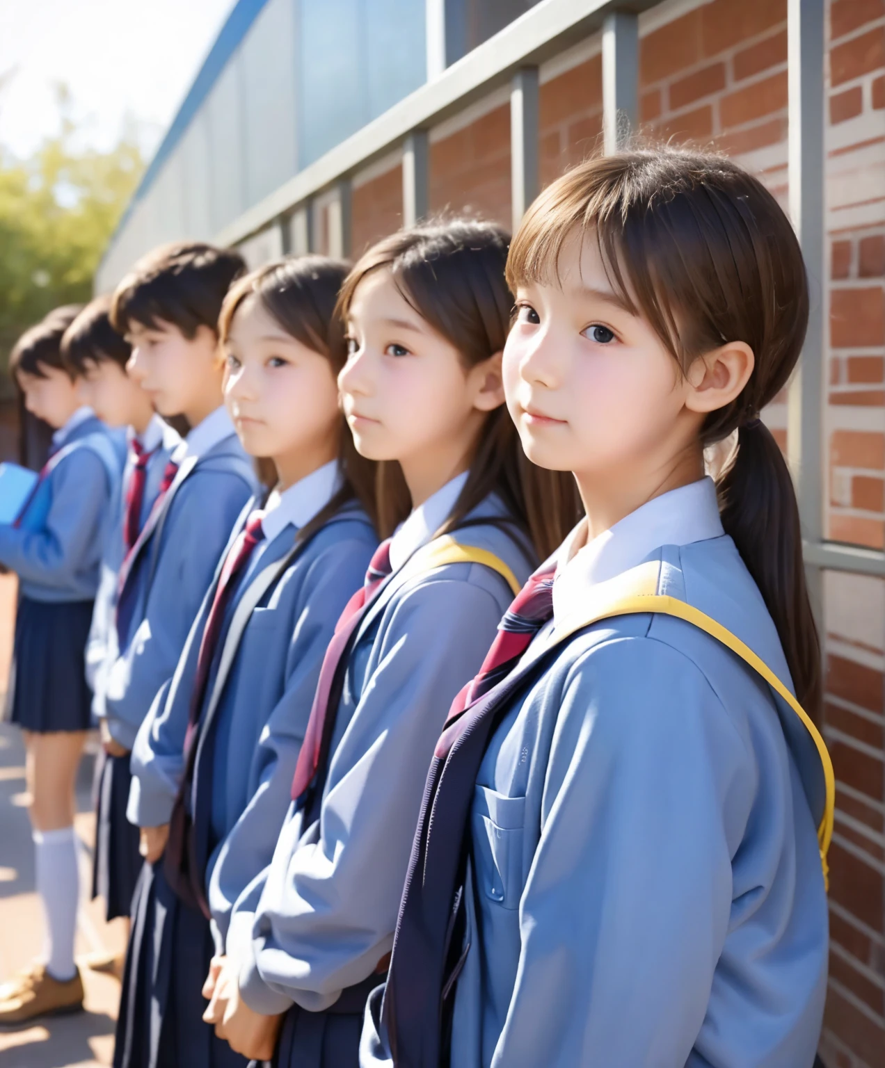  s,Middle school students quietly line up before entering the classroom,cute, Masterpiece, Details