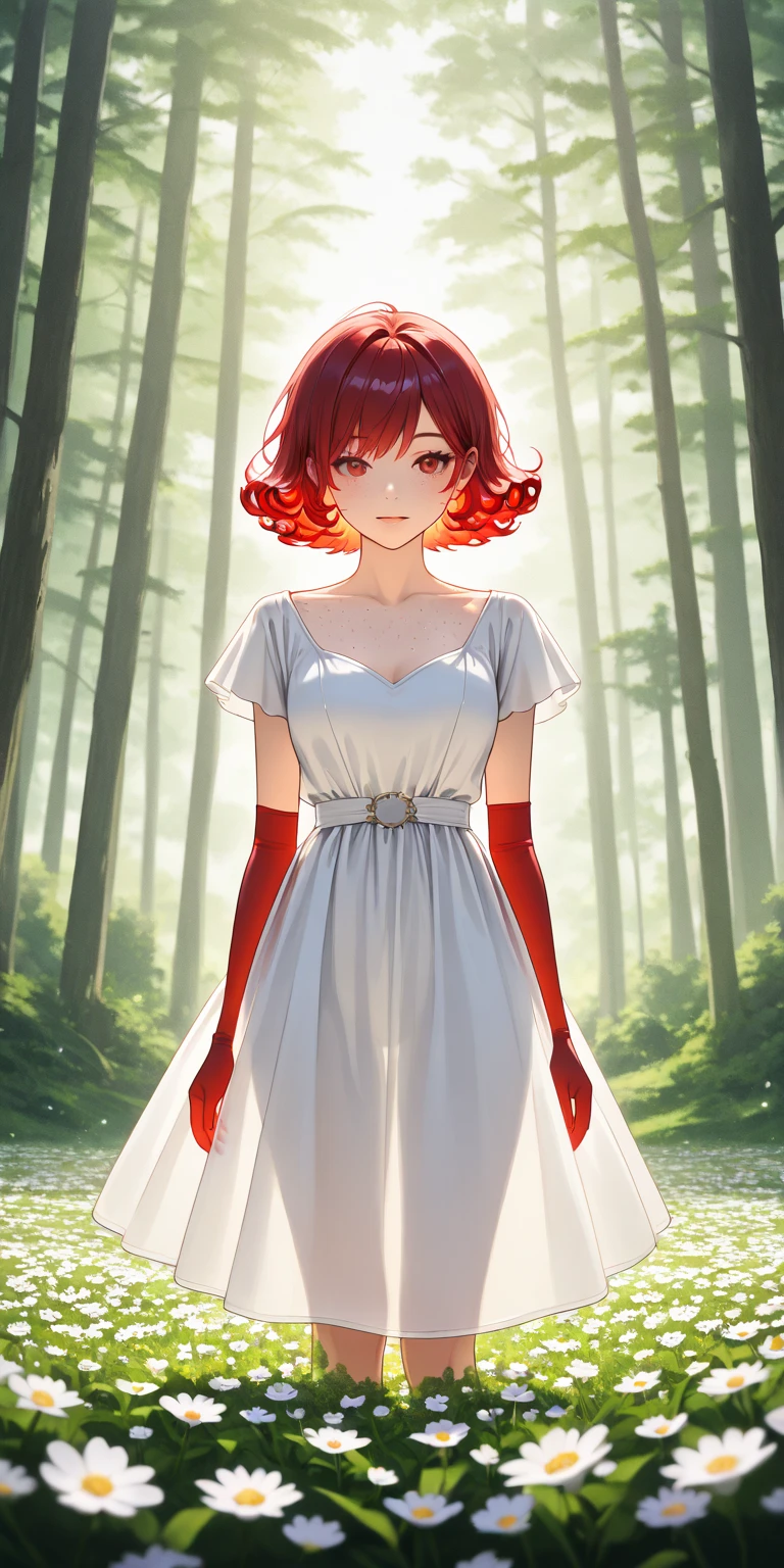 Cute woman in the drizzle, ( elegant ,  beautiful face), Transparent white dress, Forest Moss, (Freckles:0.8), Flower Field, , Curly Red Hair,  Magical Atmosphere , ( short hair), (( detailed肌,  skin texture)),  super detailed , ( detailed,  Details,  Hyper Detailed ),  Ray Tracing ,  Subsurface Scattering , ( against the backdrop of a fantasy underworld),  Soft Diffuse Lighting ,  shallow depth of field ,  on ne (Weather in Oliver),  Sharp Focus Bokeh , ( Photo-realistic quality :1.4)