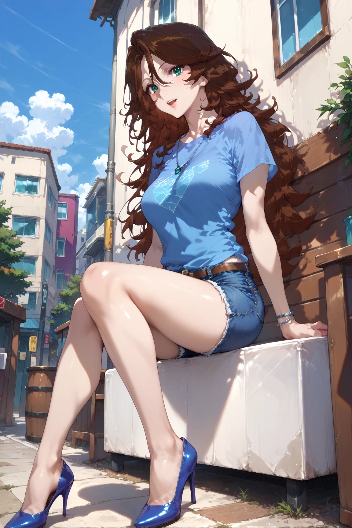 sumeragi lee noriega,long hair,brown hair, bright blue t-shirt, denim shorts, heels