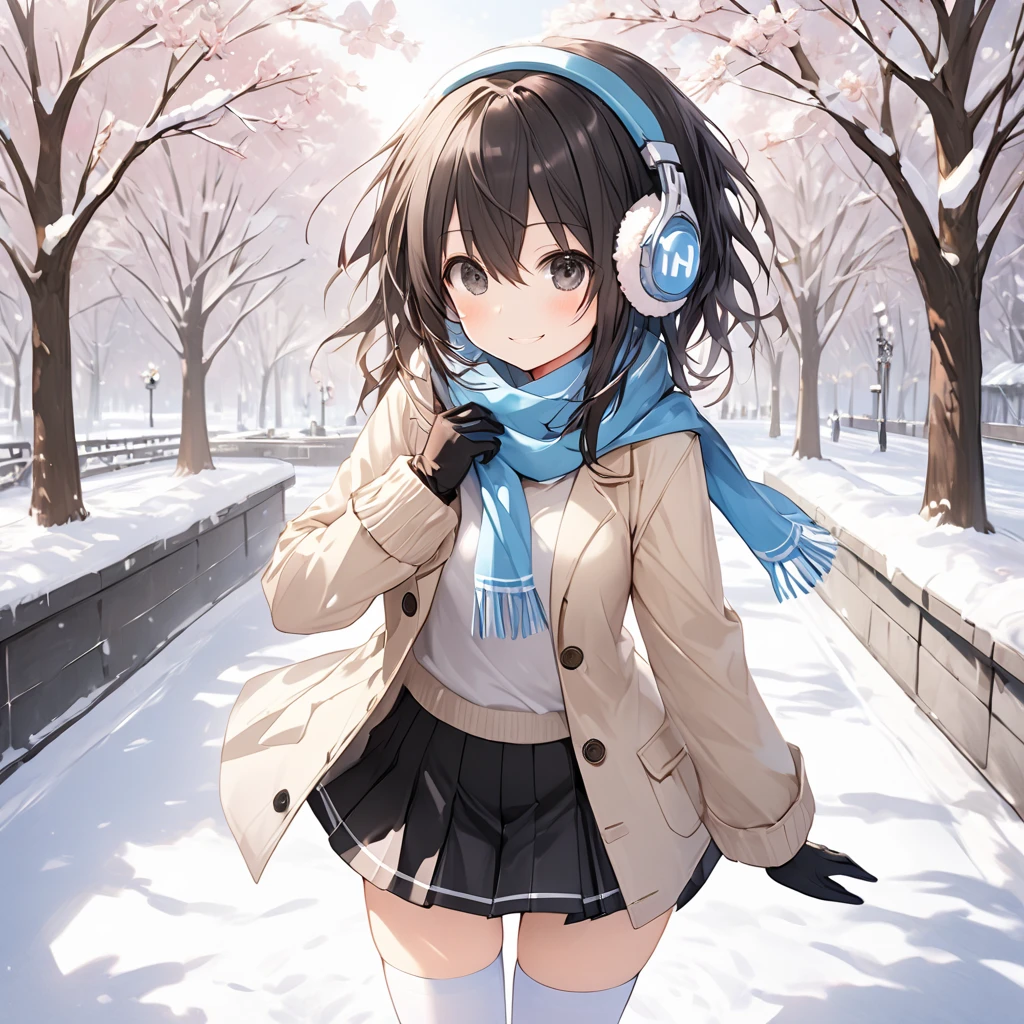 ( 1 girl),blanc \(Neptunia )\,black hair, black eyes,(smile:1.5)、blush、(low ponytail:1.5), (long sidelocks:1.5), ,( small tits:1.5),( white overcoat :1.5)、( Beige Cardigan ),( black plaid mini skirt:1.5),(white thigh high :1.5), scarf、 boots、Earmuffs、gloves、snow,Park Walkway、front、 cowboy shot、 dynamic angle 、( perfect anatomy ),( best quality), ( ultra hi-res), (超 high definition ), ( Highly Detailed CG), (32K), (masterpiece)、eyesHD