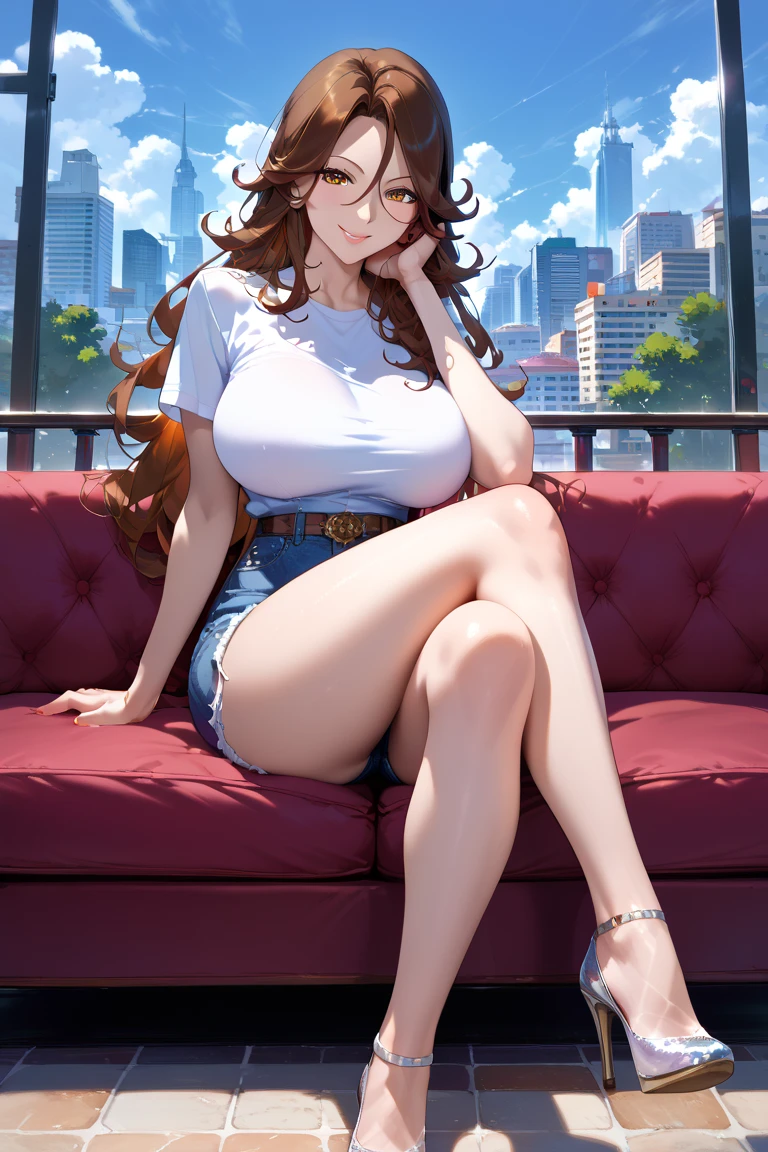 
1girl,mature female sitting, legs crossed,full body,inside,city,looking at viewer,head rest,evil smile,seductive smile,expected eyes,from front,huge breasts,narrow waist,wide hips,
Best quality,masterpiece,soft light,official art,masterpiece,high quality,highres,absurdres,epic scene,natural textures,highest quality,8K,Ultra-HD,ultra detail,epic scene,natural textures,sumeragi lee noriega,long hair,brown hair, t-shirt denim shorts