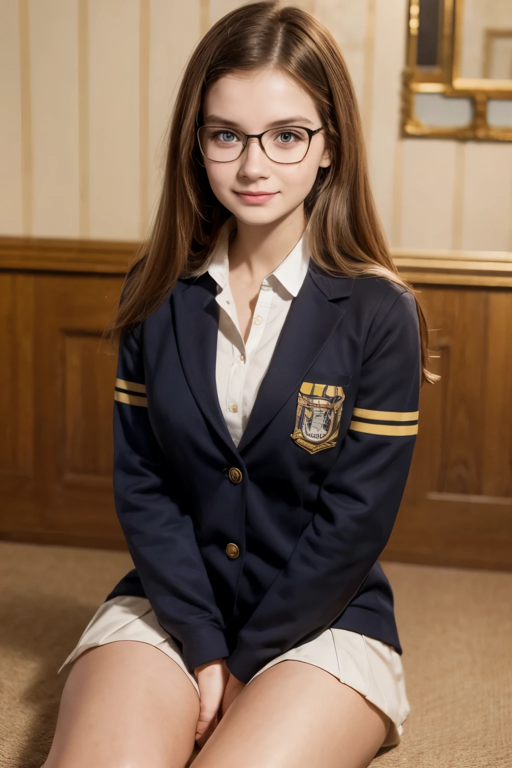 A young nerd, 24 years old, , linda,   hottie, uniform, glasses, sitting in a room , (whole body)