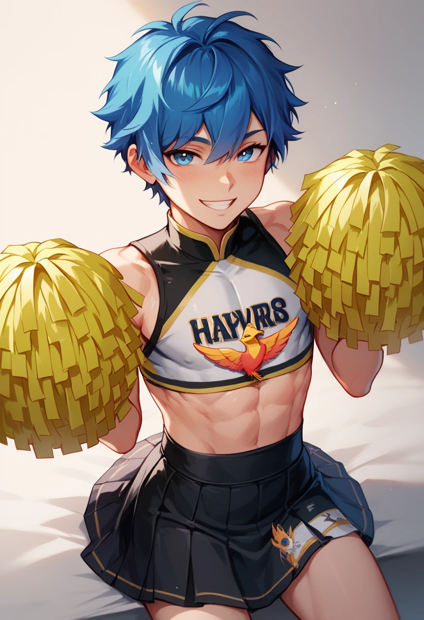  Handsome 17-year-old boy
Effeminate
Blue eyes
Short messy blue hair with black gradient, wearing green cheerleading costume with white and Phoenix bird print on the chest, black skirt with a white stripe ,  pink pompoms , thin and delicate body ,  looking at the spectator , submissive gaze, femboy, femboy, slight smile